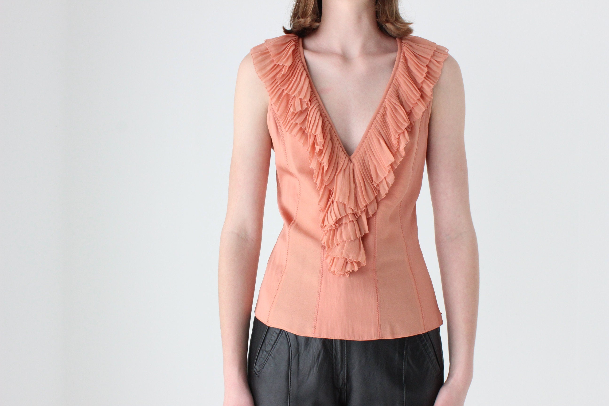 Y2K Designer CATHERINE MALANDRINO Pleated Silk Ruffle Bustier Top