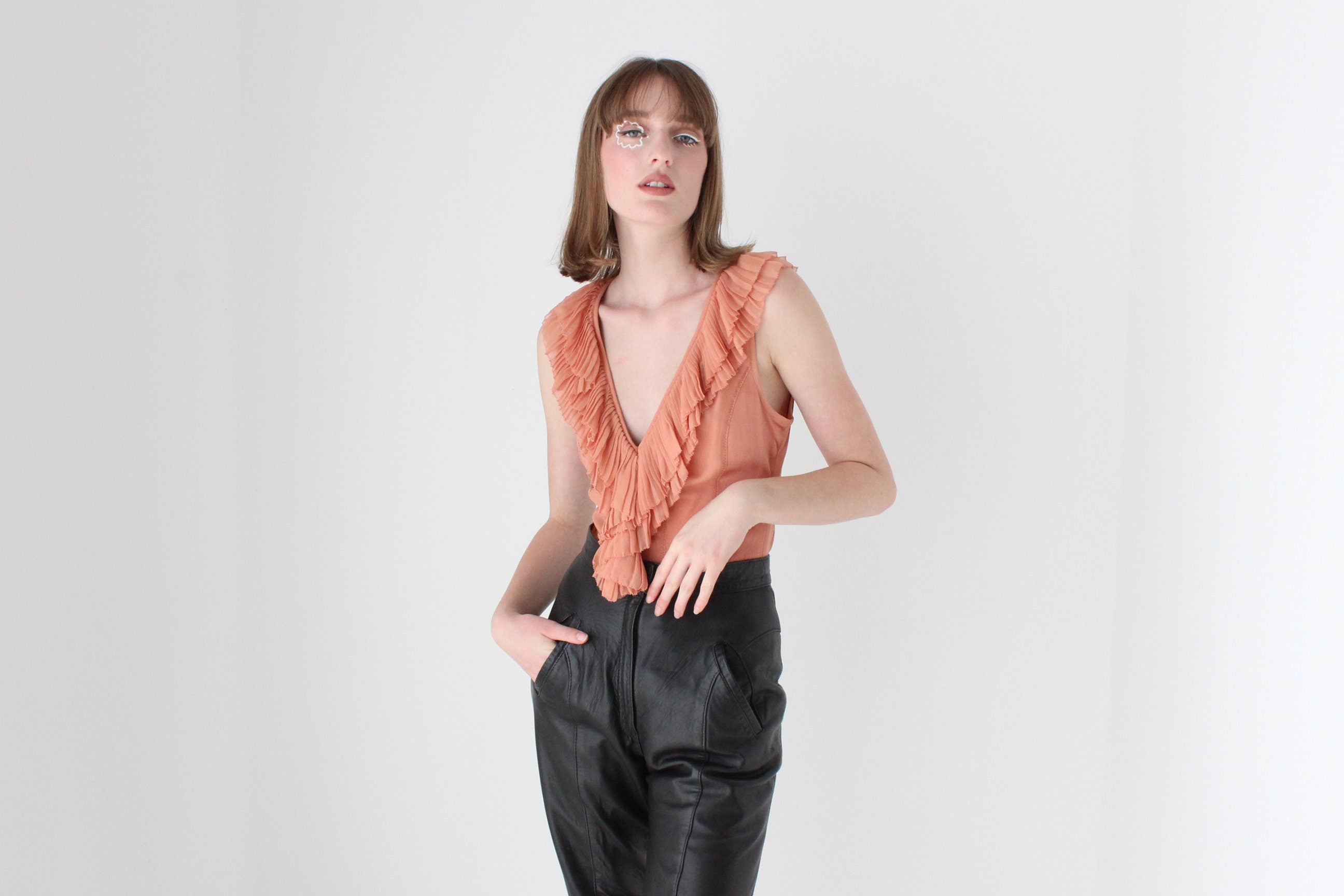 Y2K Designer CATHERINE MALANDRINO Pleated Silk Ruffle Bustier Top