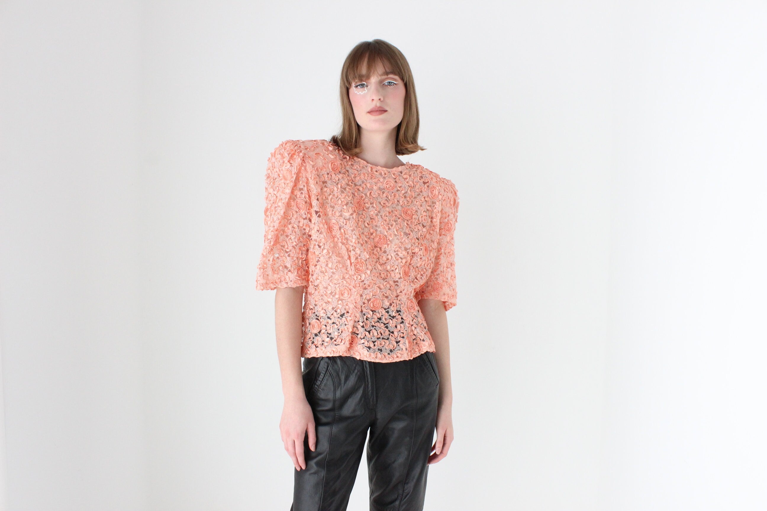 Extravagant 80s Puff Sleeve Textured Peach Top