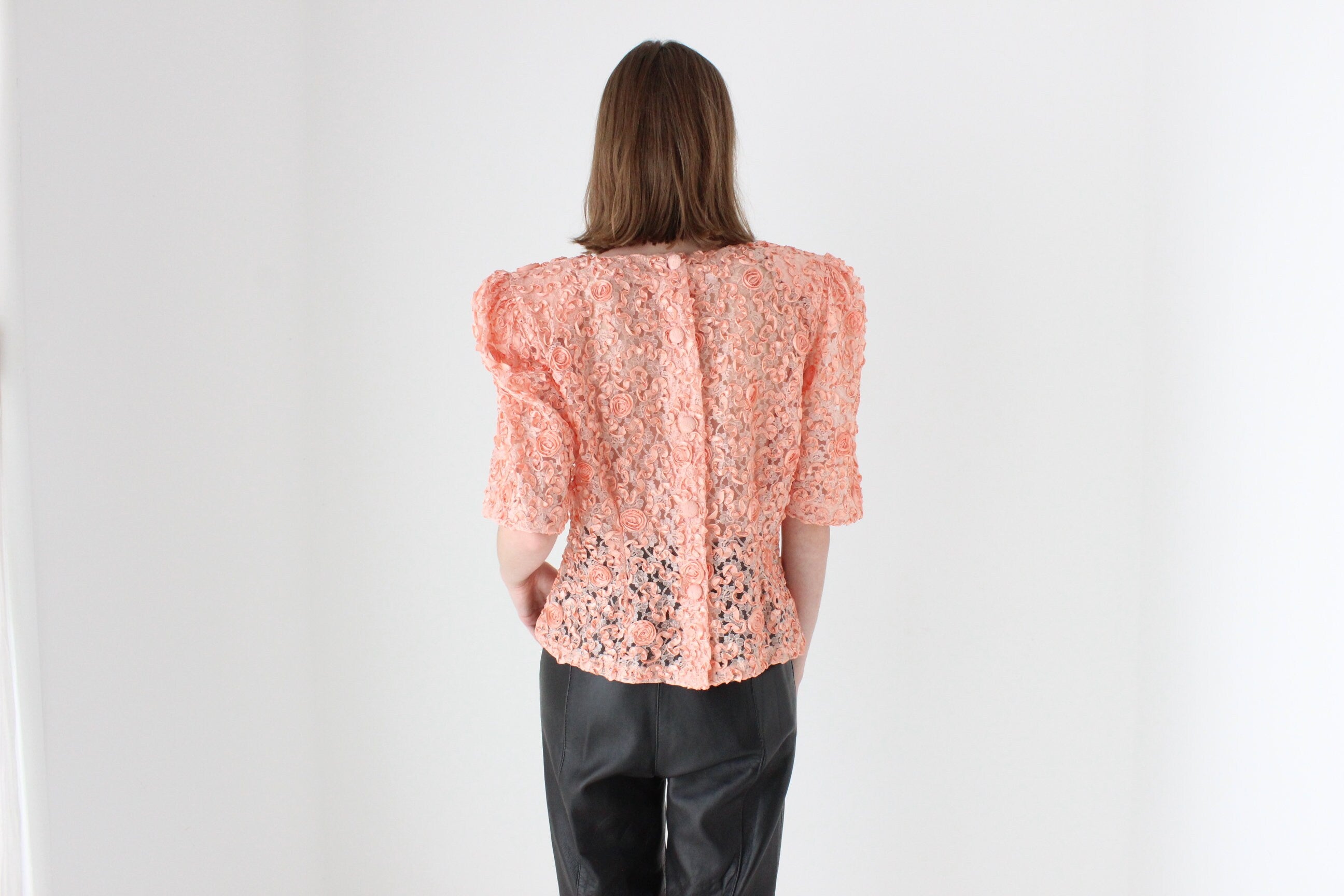 Extravagant 80s Puff Sleeve Textured Peach Top