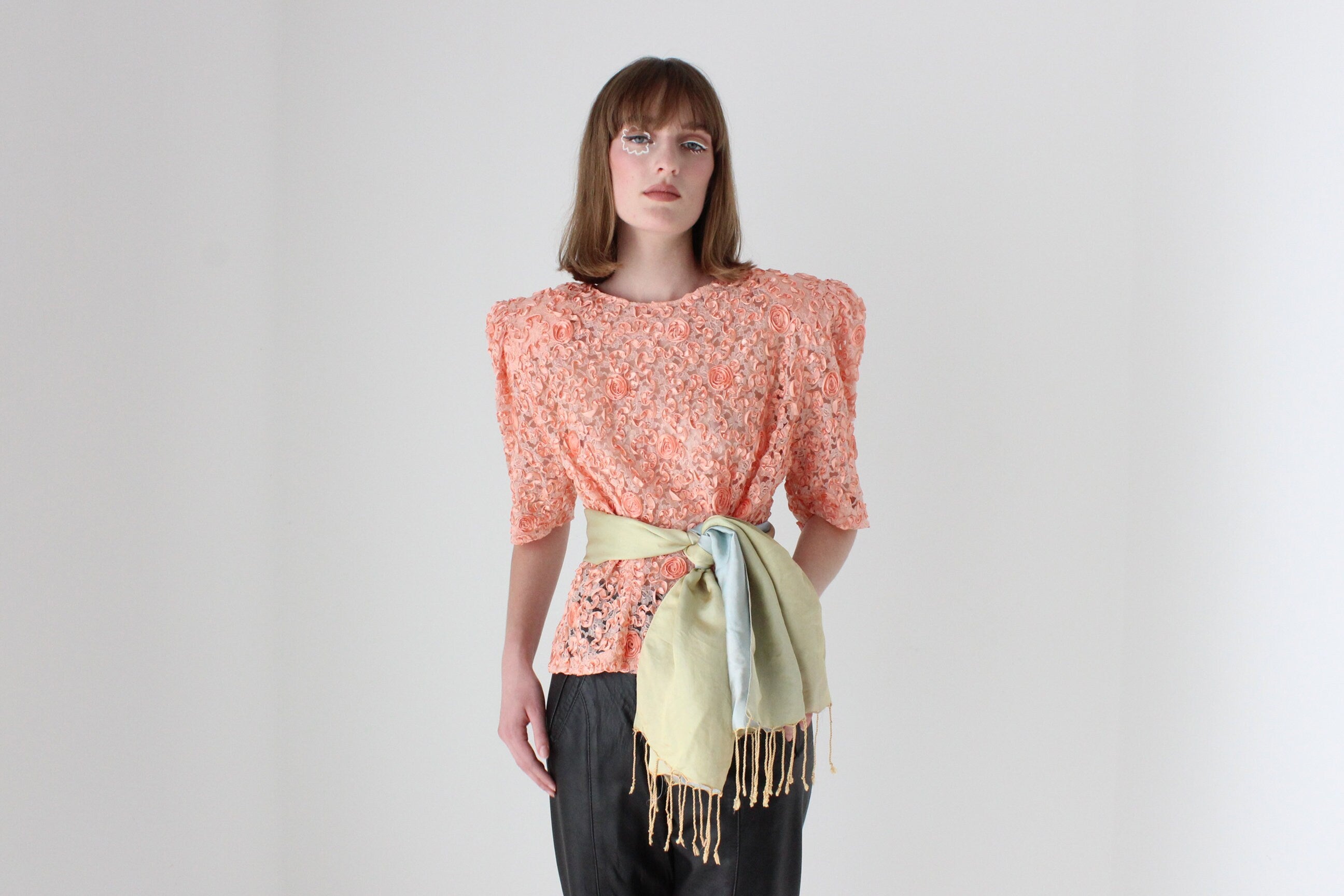 Extravagant 80s Puff Sleeve Textured Peach Top