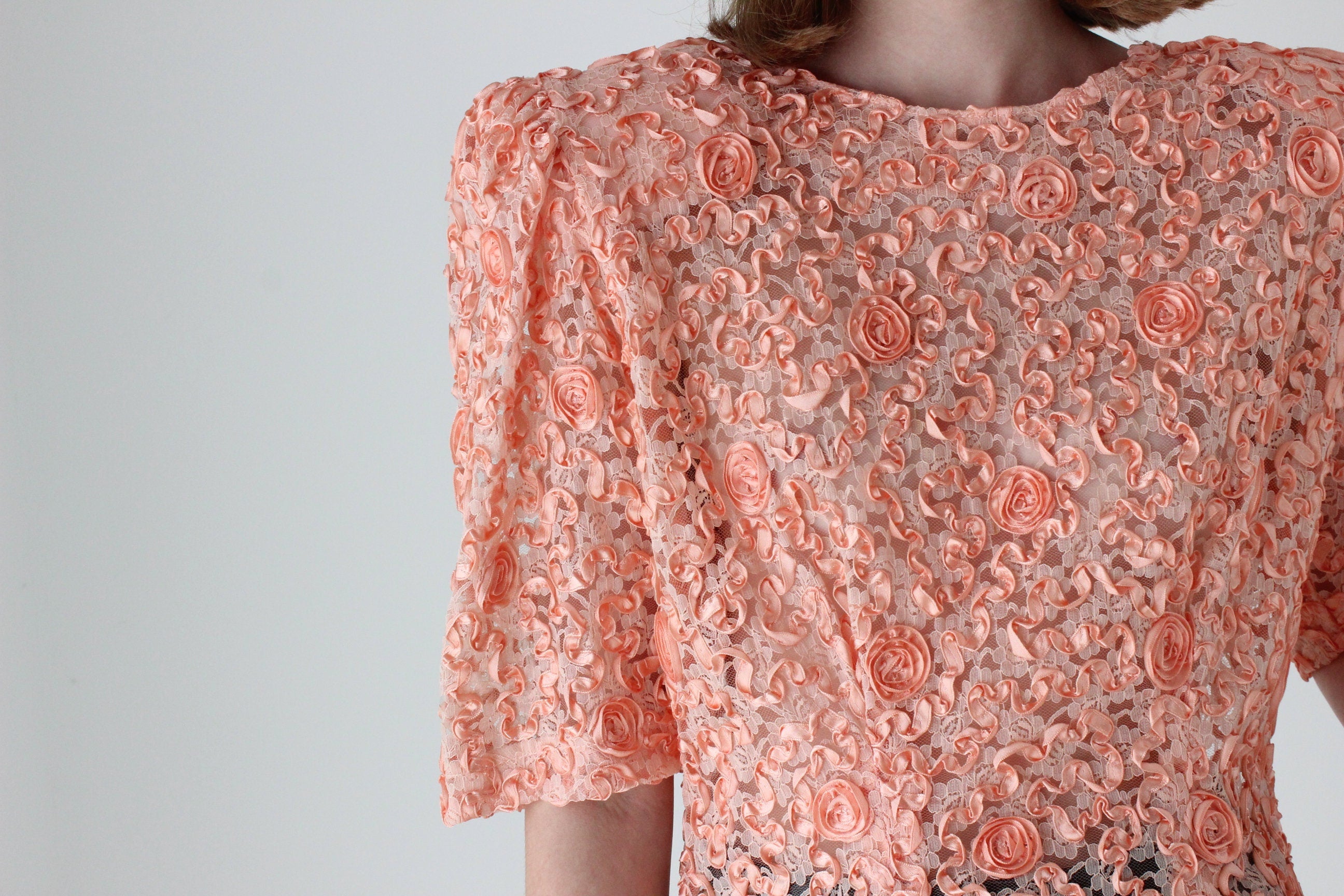 Extravagant 80s Puff Sleeve Textured Peach Top