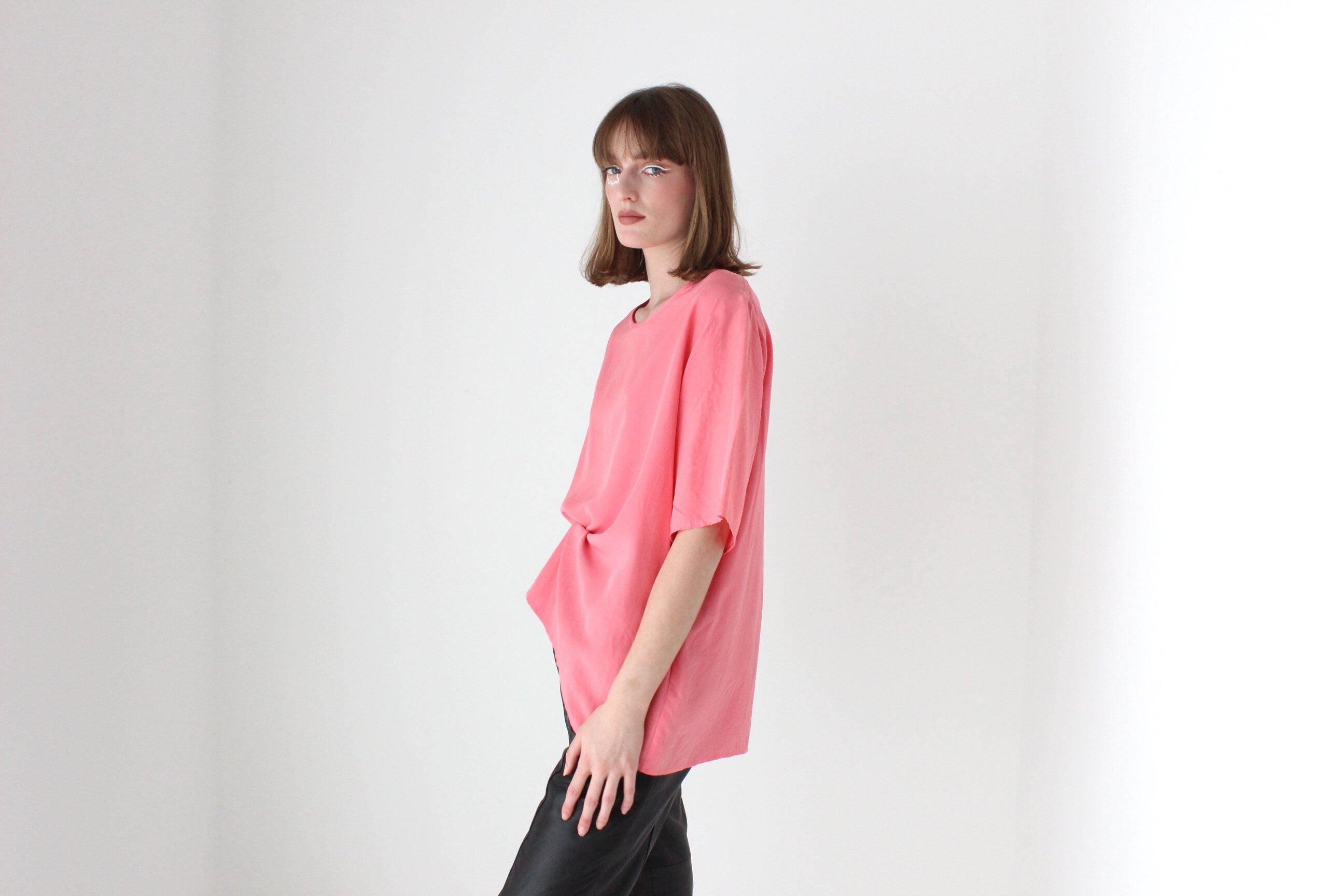 80s Bubblegum Pink Pure Silk Relaxed, Minimal Tee Top