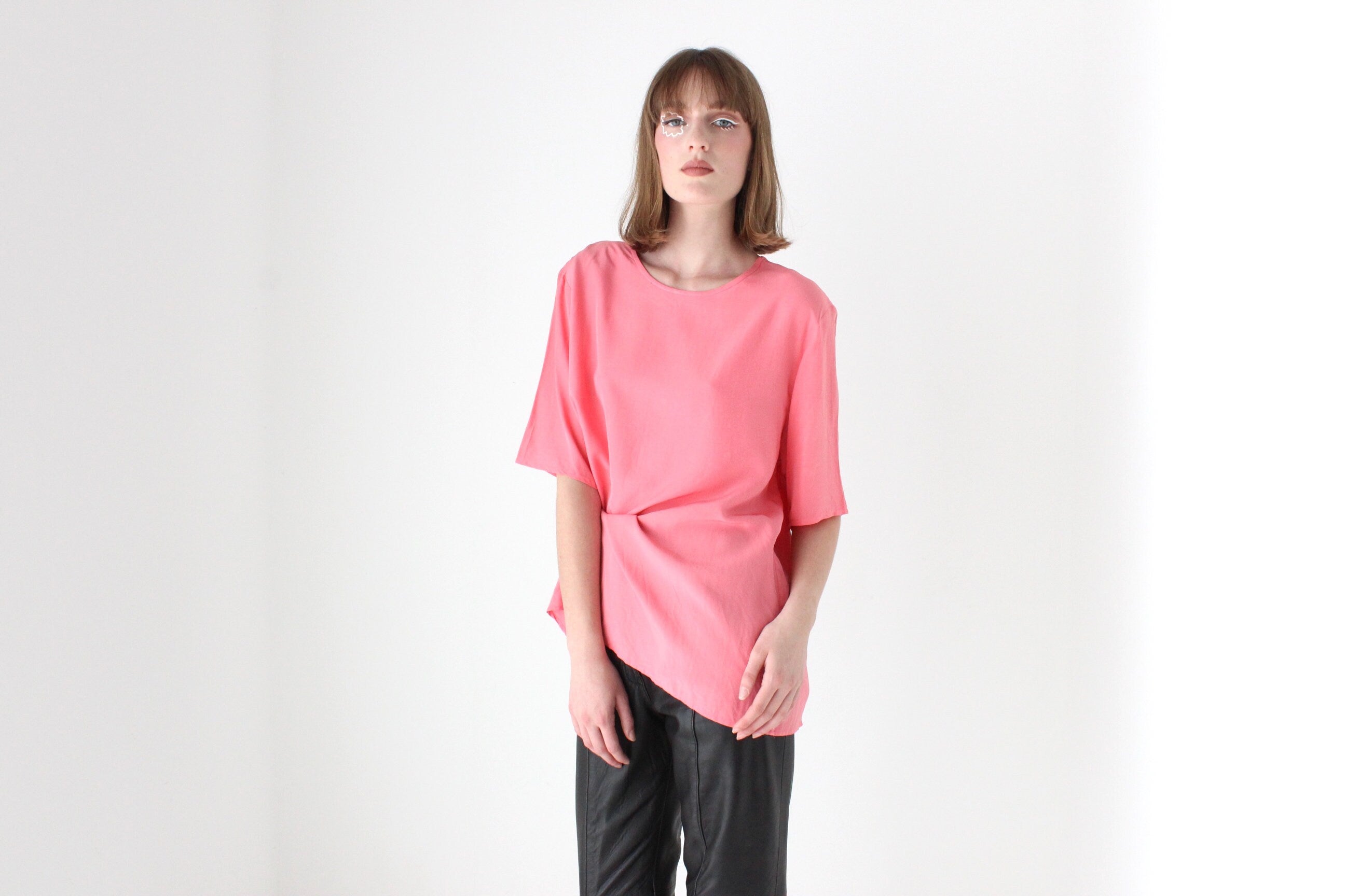 80s Bubblegum Pink Pure Silk Relaxed, Minimal Tee Top