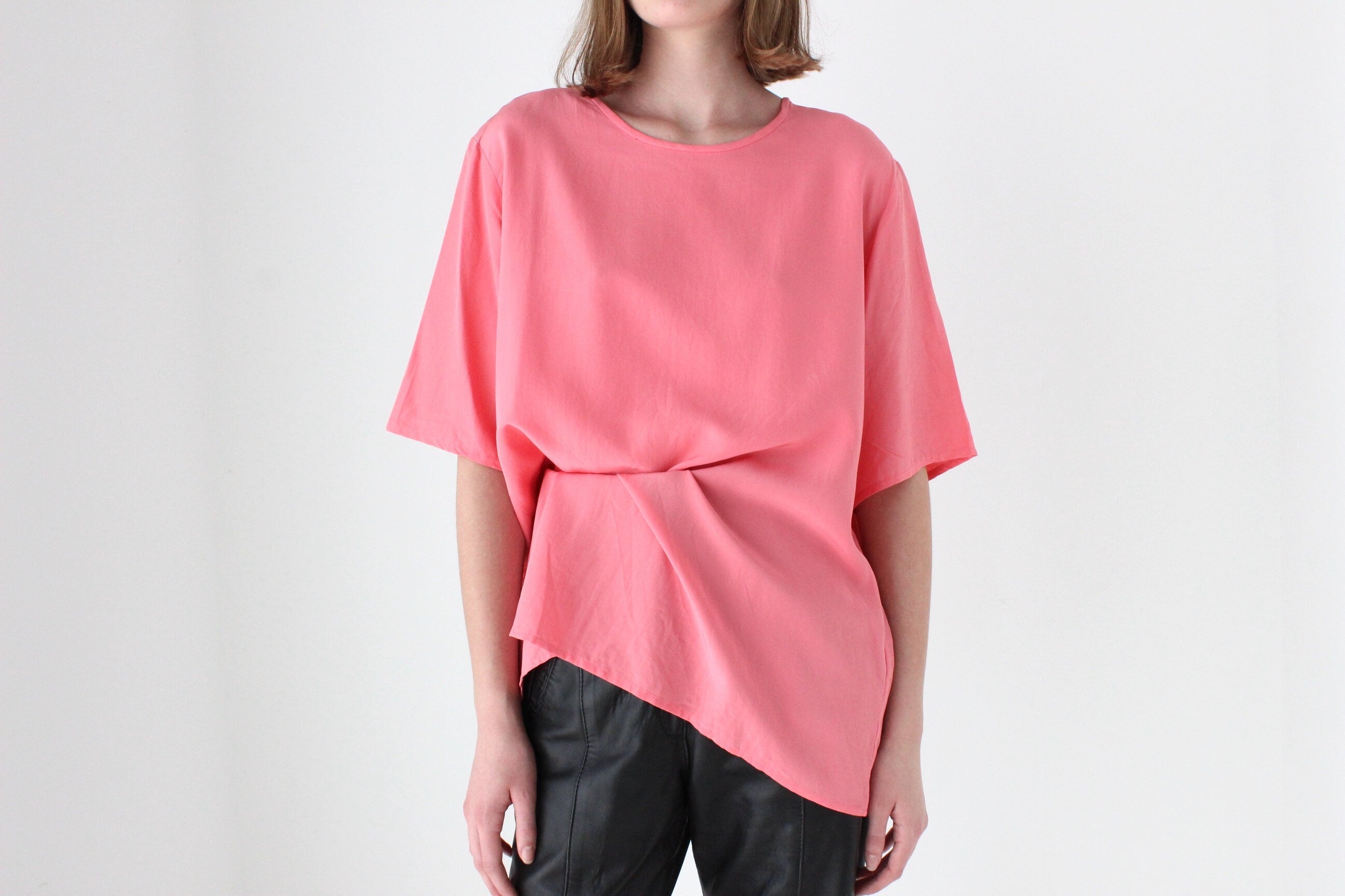 80s Bubblegum Pink Pure Silk Relaxed, Minimal Tee Top