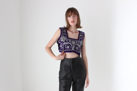 90s Purple Velour & Indian Mirror Boxy Cropped Vest