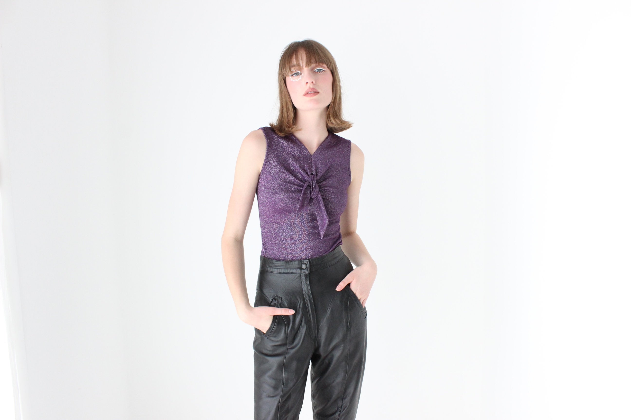 Y2K Purple Lurex Mesh Tank w/ Tie Front