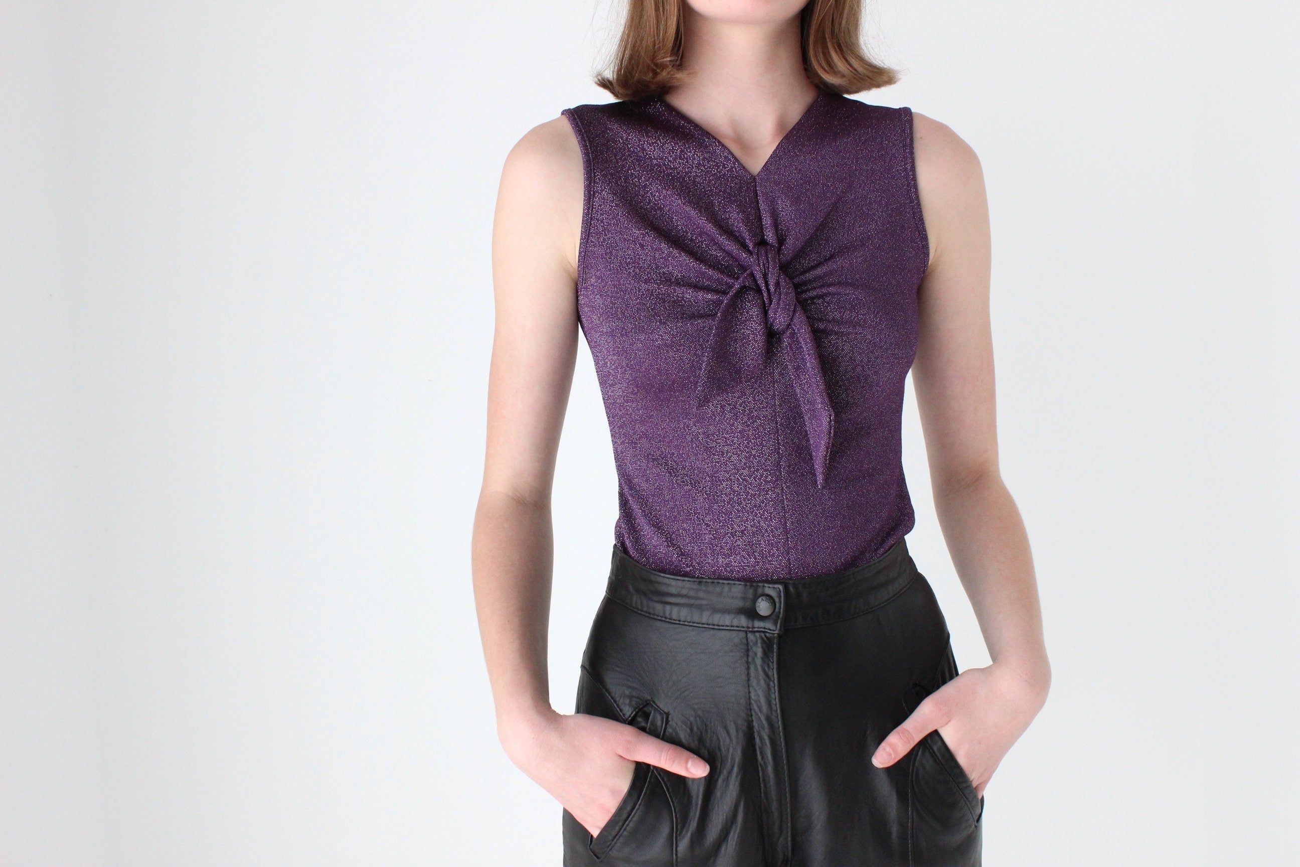 Y2K Purple Lurex Mesh Tank w/ Tie Front