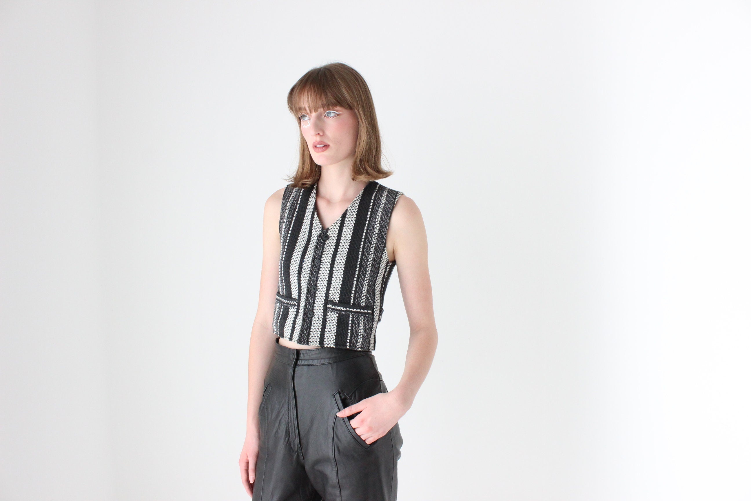 90s Woven Cotton Waistcoat Vest Crop Top