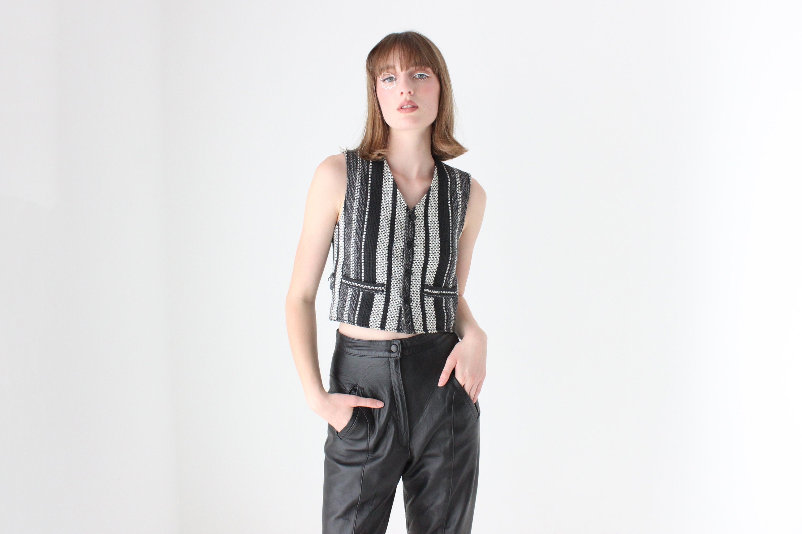 90s Woven Cotton Waistcoat Vest Crop Top