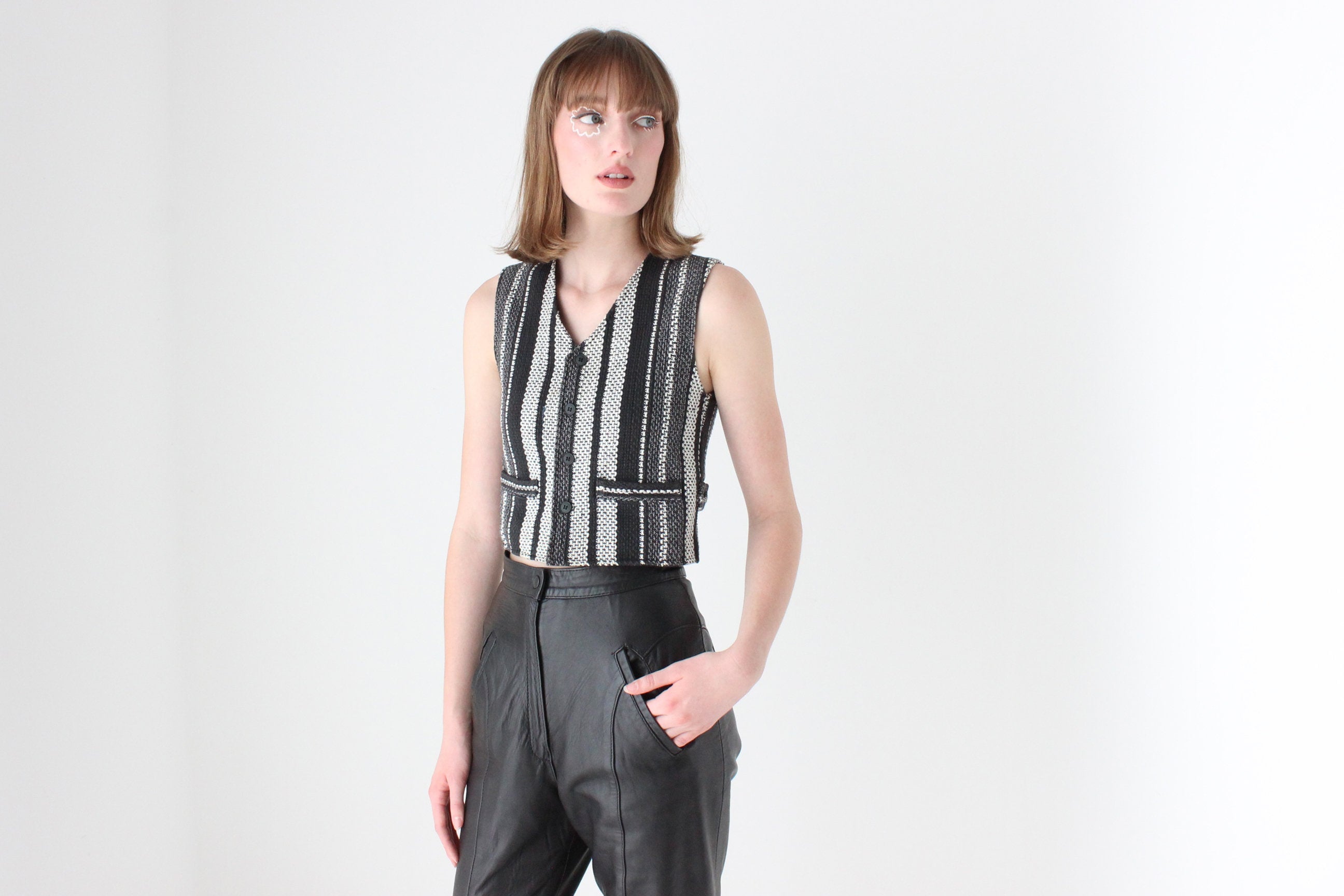 90s Woven Cotton Waistcoat Vest Crop Top