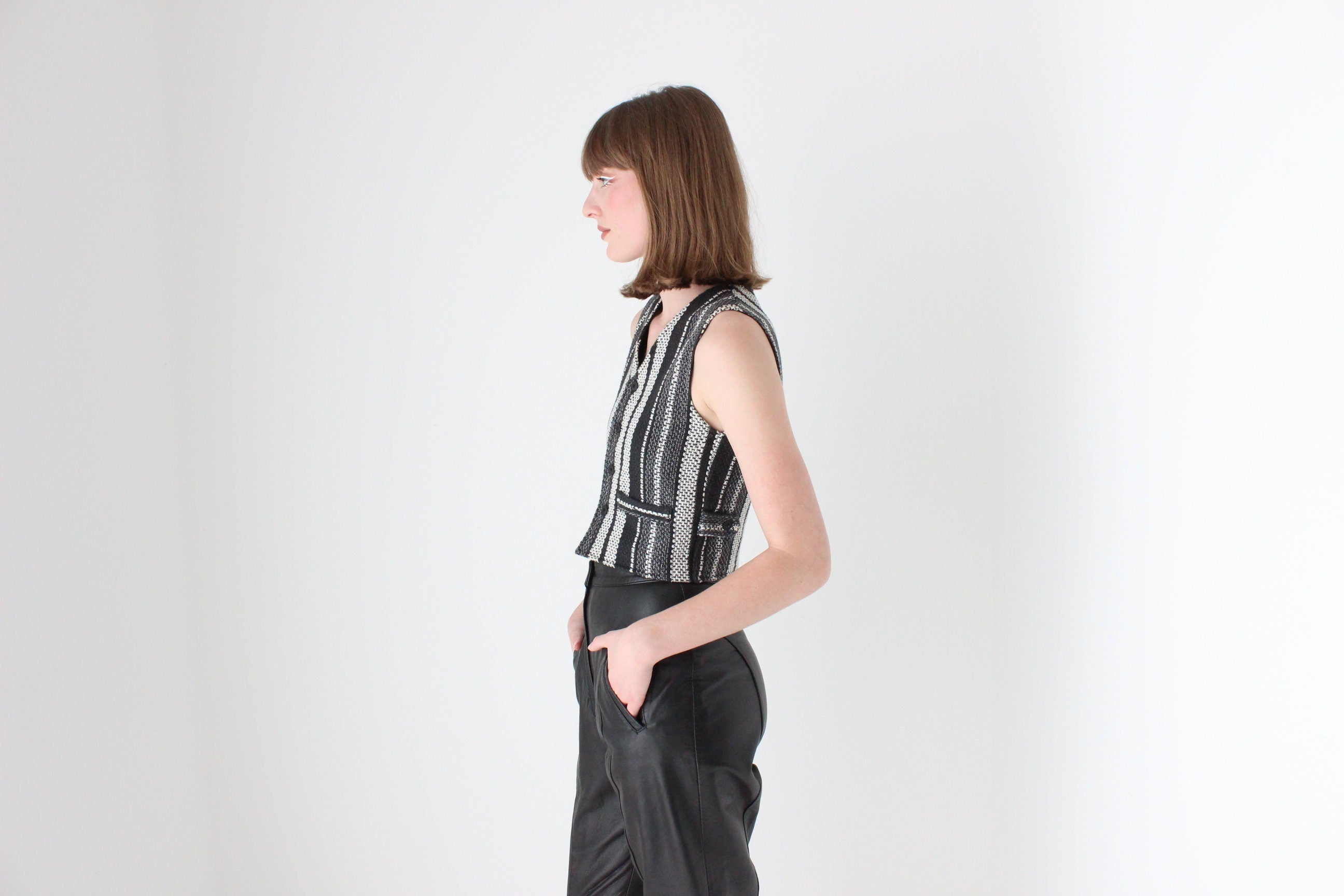 90s Woven Cotton Waistcoat Vest Crop Top