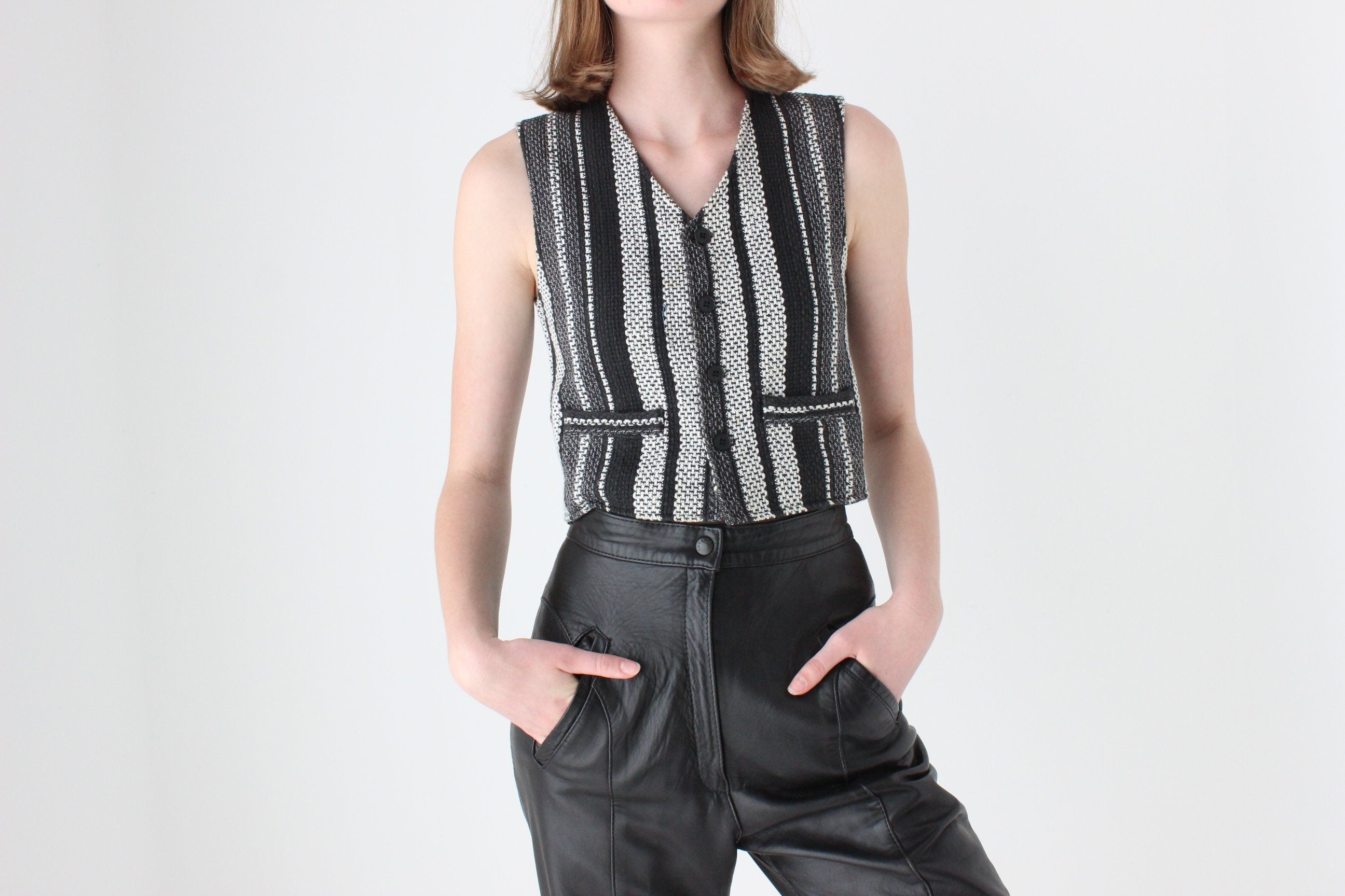 90s Woven Cotton Waistcoat Vest Crop Top