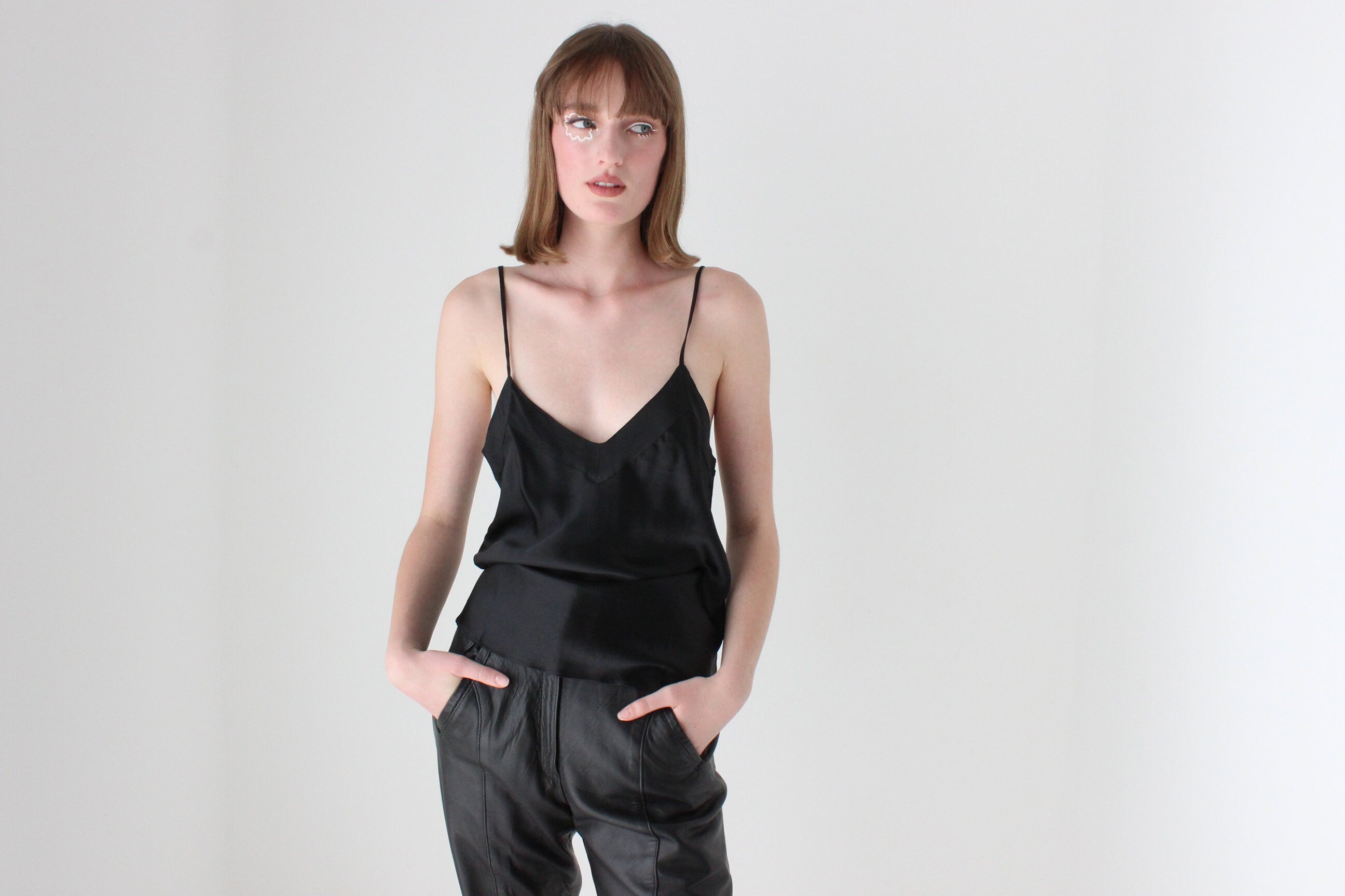 90s Jet Black PURE SILK Spaghetti Strap Cami