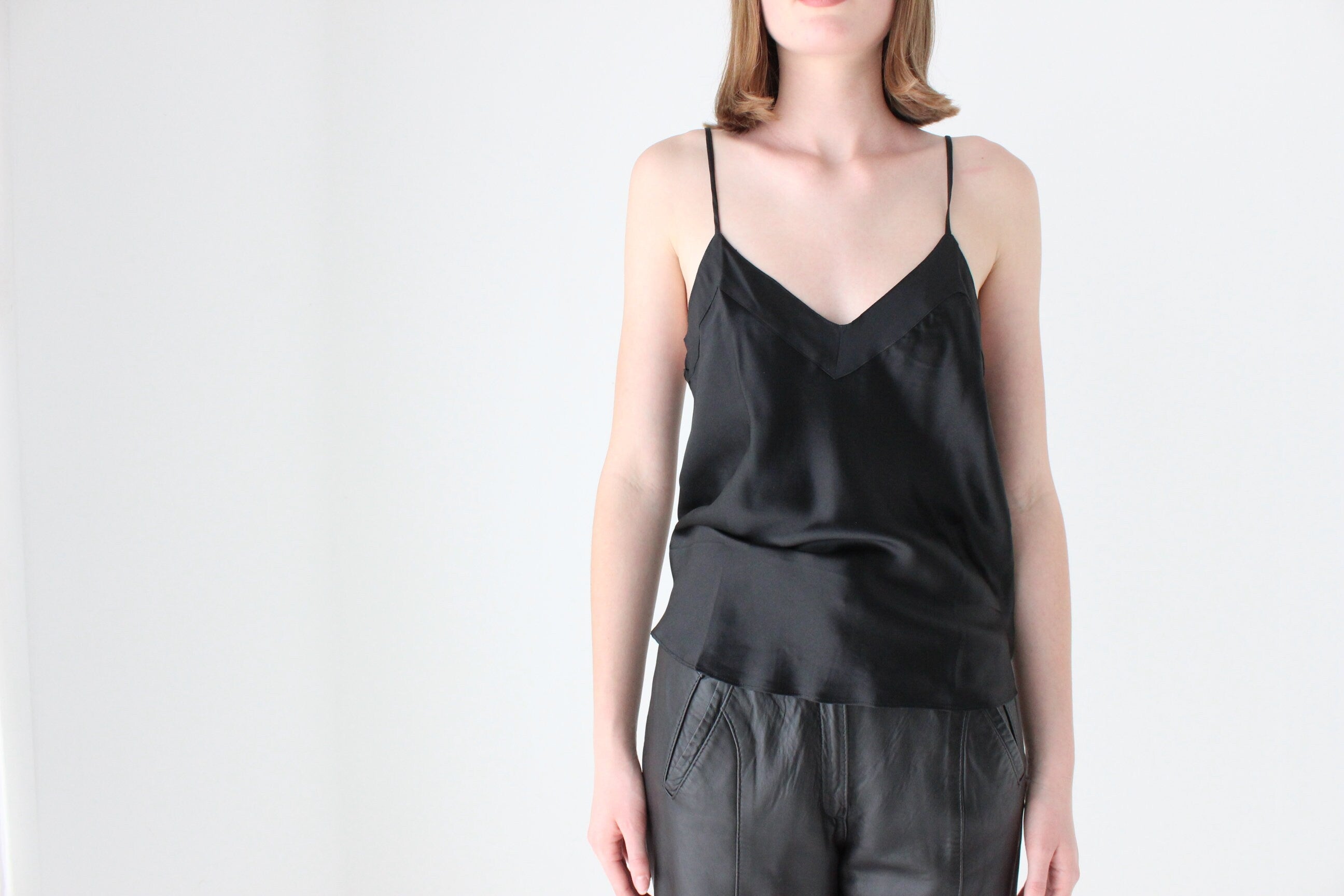 90s Jet Black PURE SILK Spaghetti Strap Cami