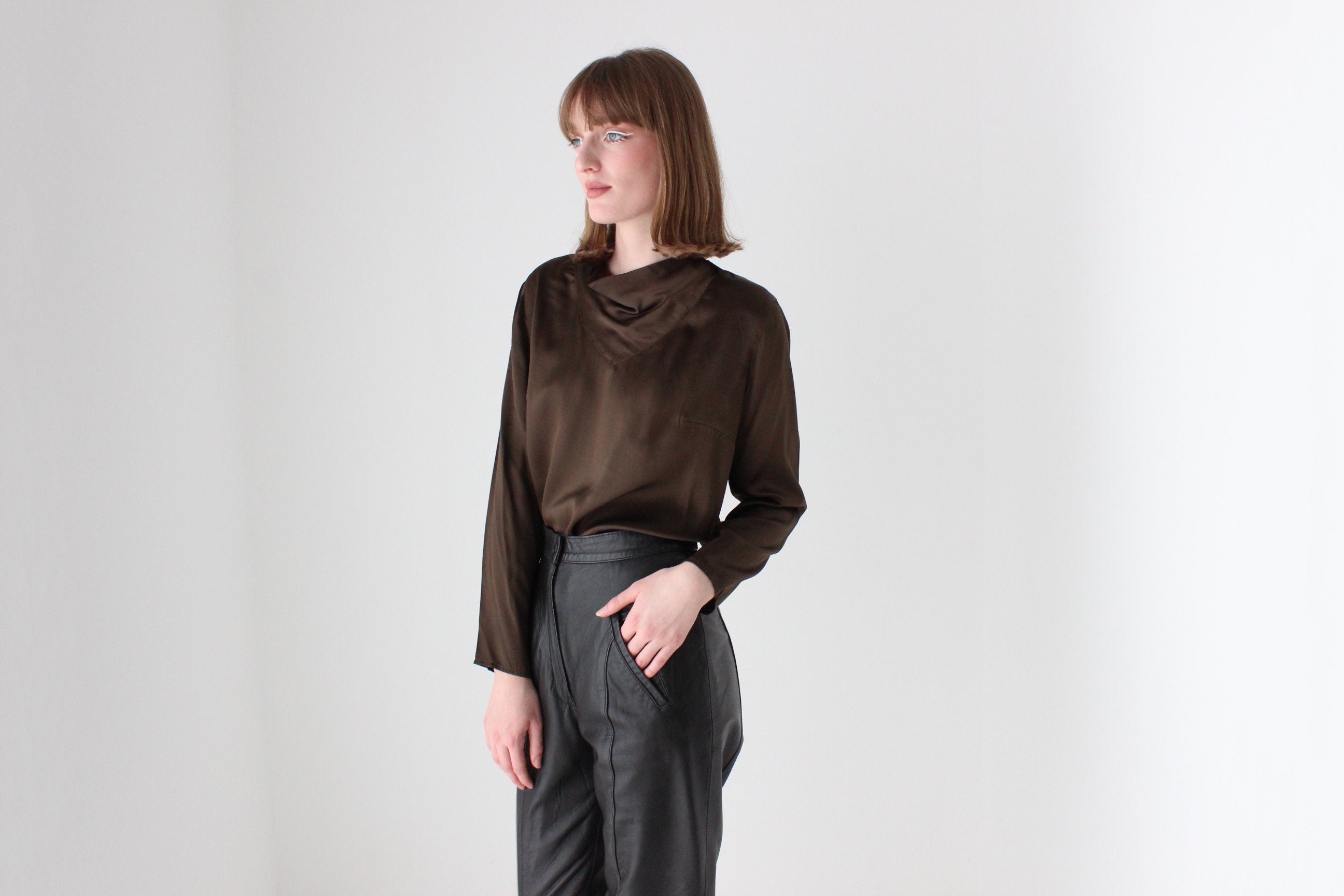 90s Pure Silk / Dark Chocolate Long Sleeve Draped Top