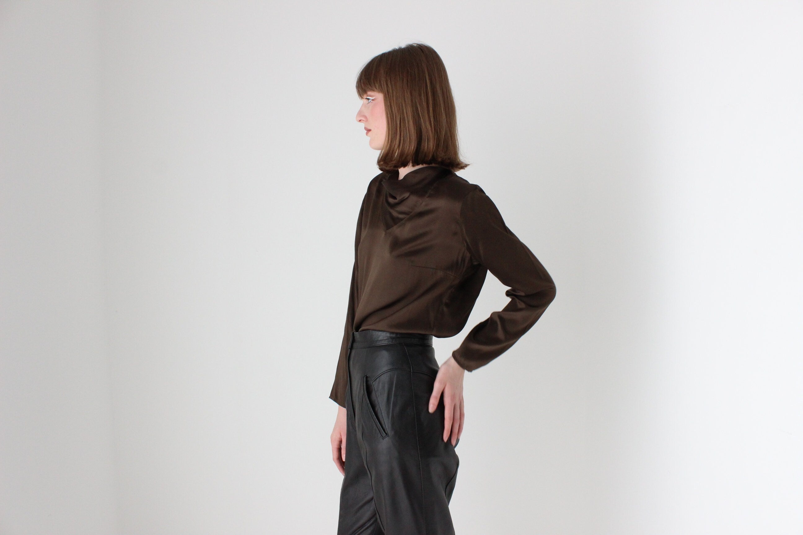 90s Pure Silk / Dark Chocolate Long Sleeve Draped Top