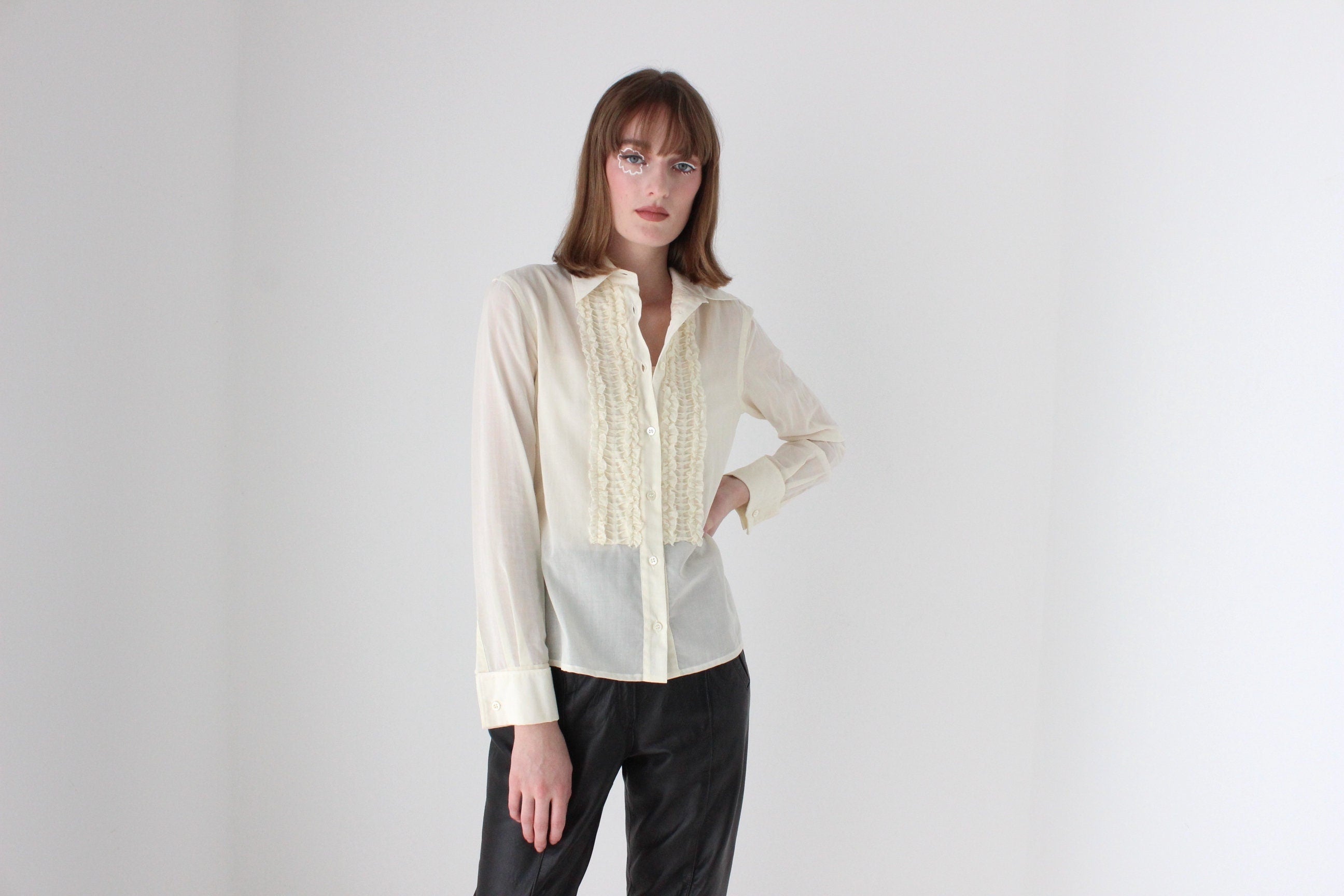 90s Moschino Frill Cotton Tuxedo Ruffle Blouse