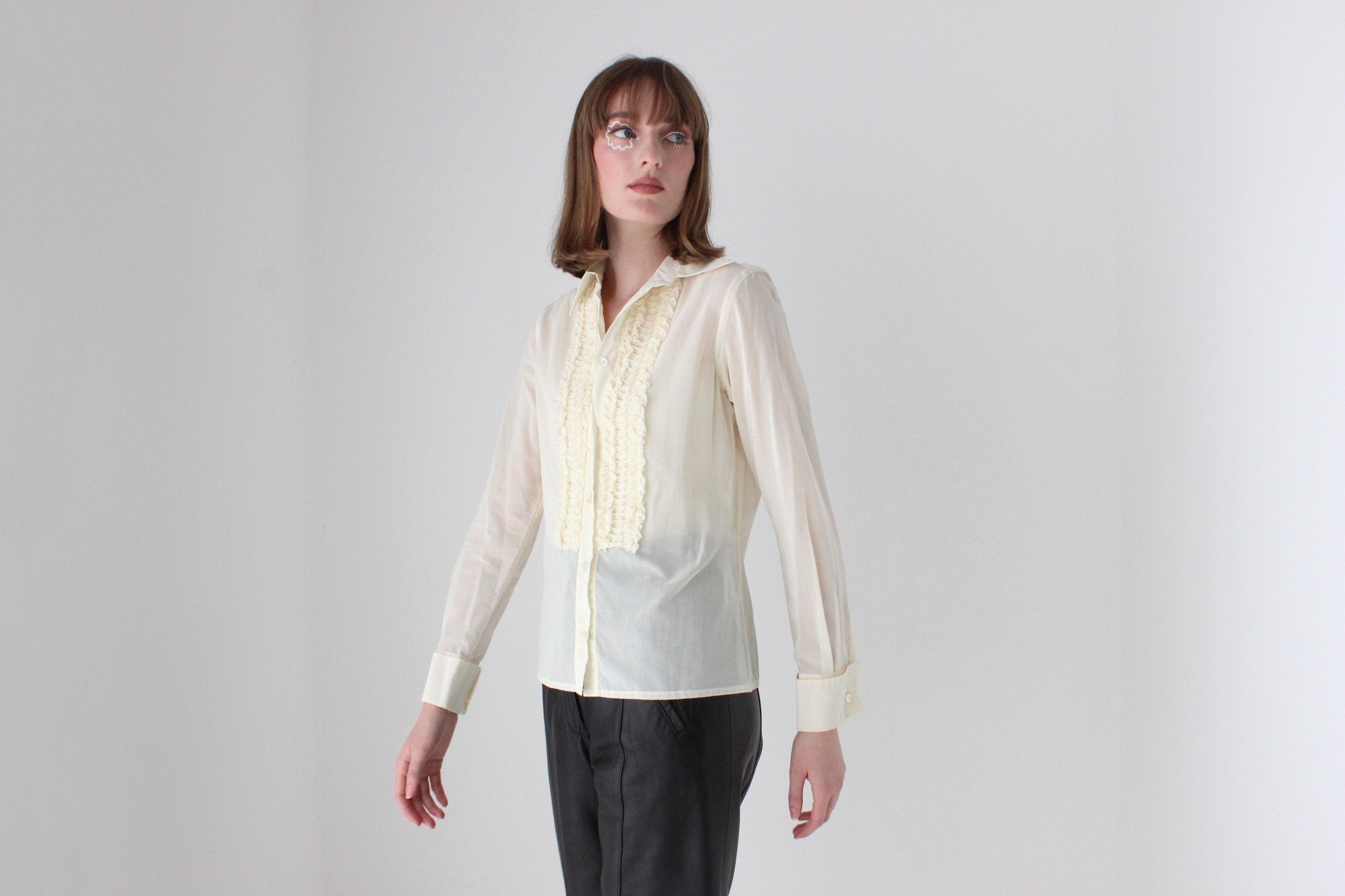 90s Moschino Frill Cotton Tuxedo Ruffle Blouse