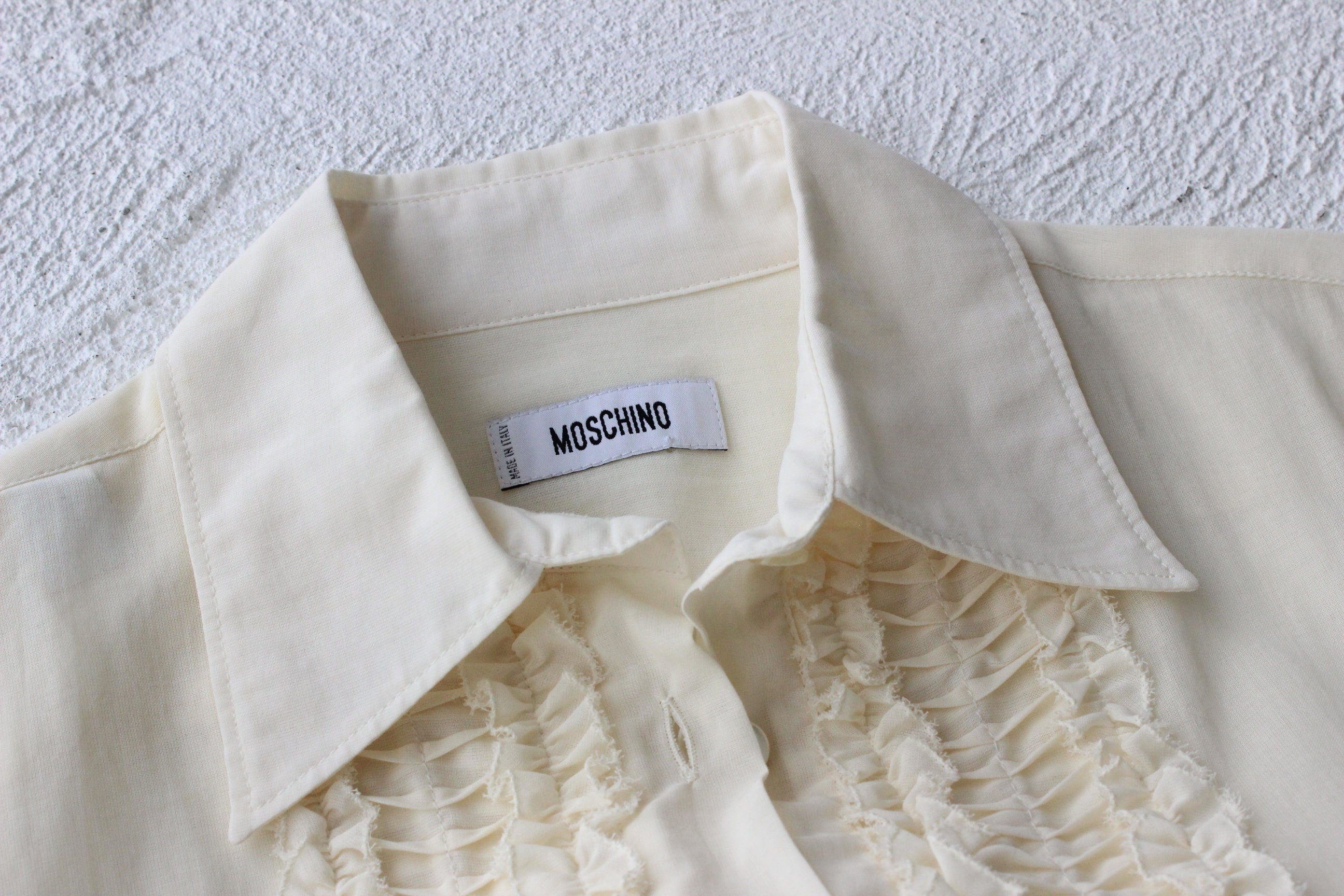 90s Moschino Frill Cotton Tuxedo Ruffle Blouse