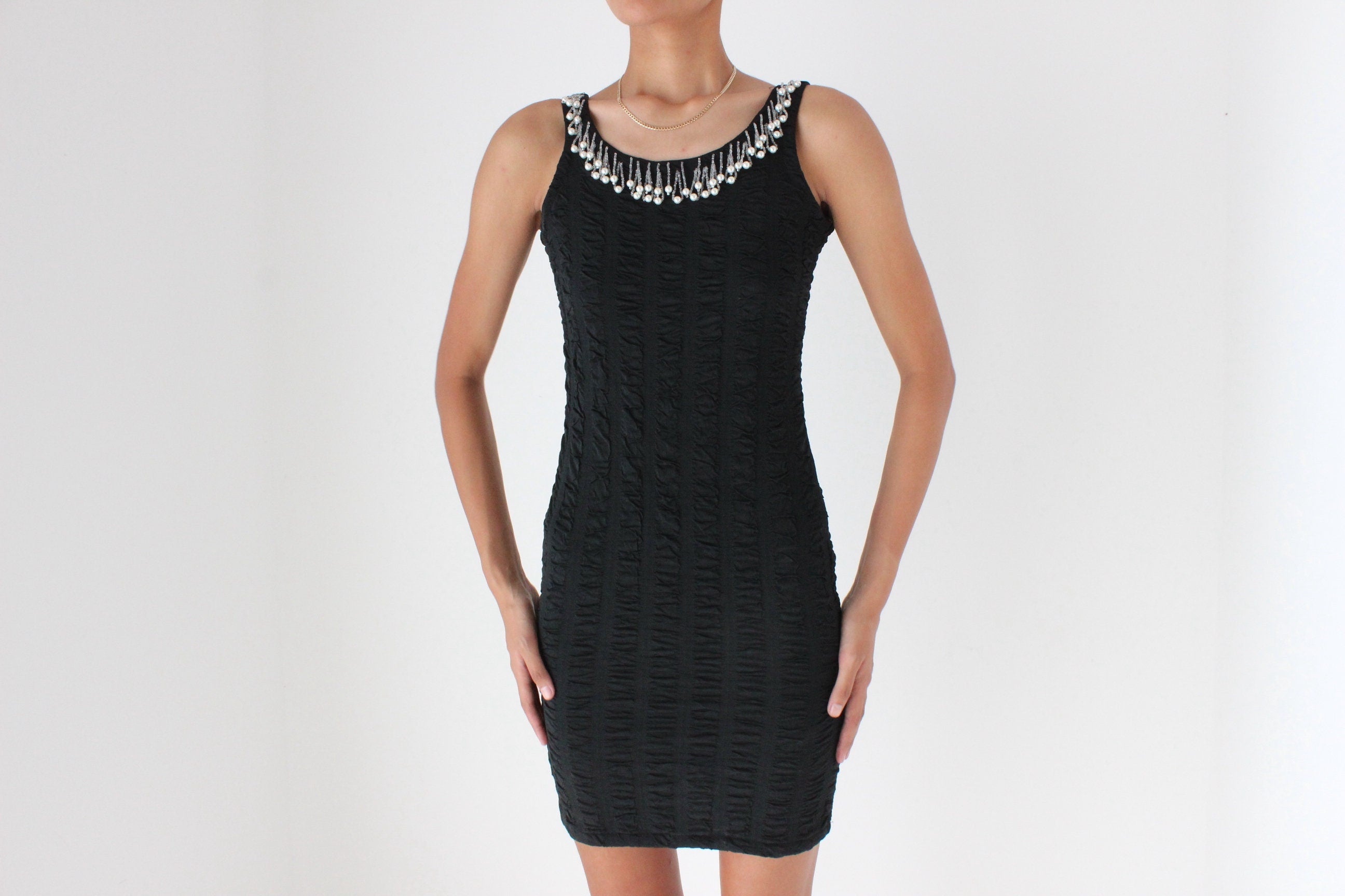 80s Super Stretch Pearl & Bead Encrusted Bodycon