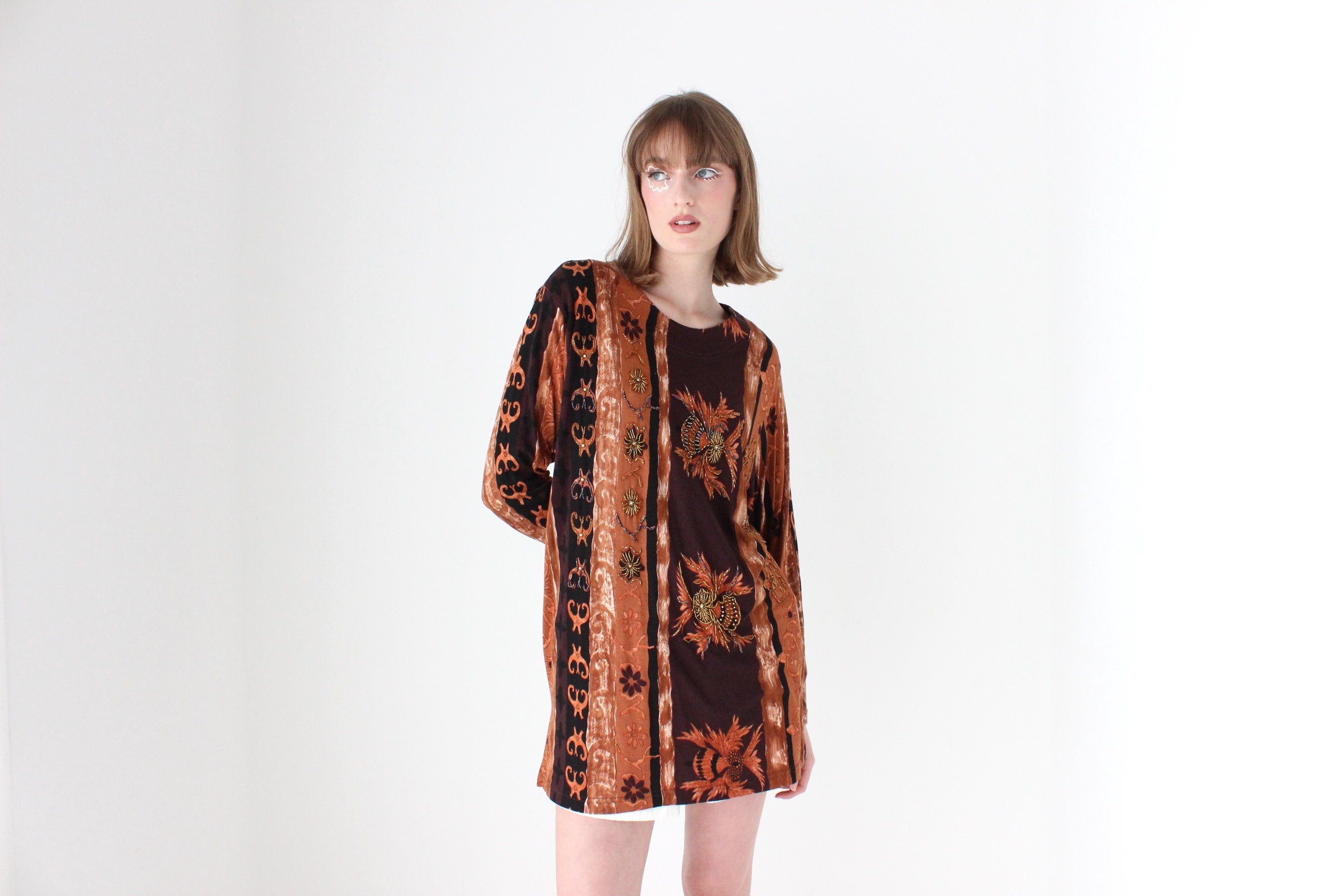 90s Baroque Printed & Beaded Loose Jersey Top or Mini