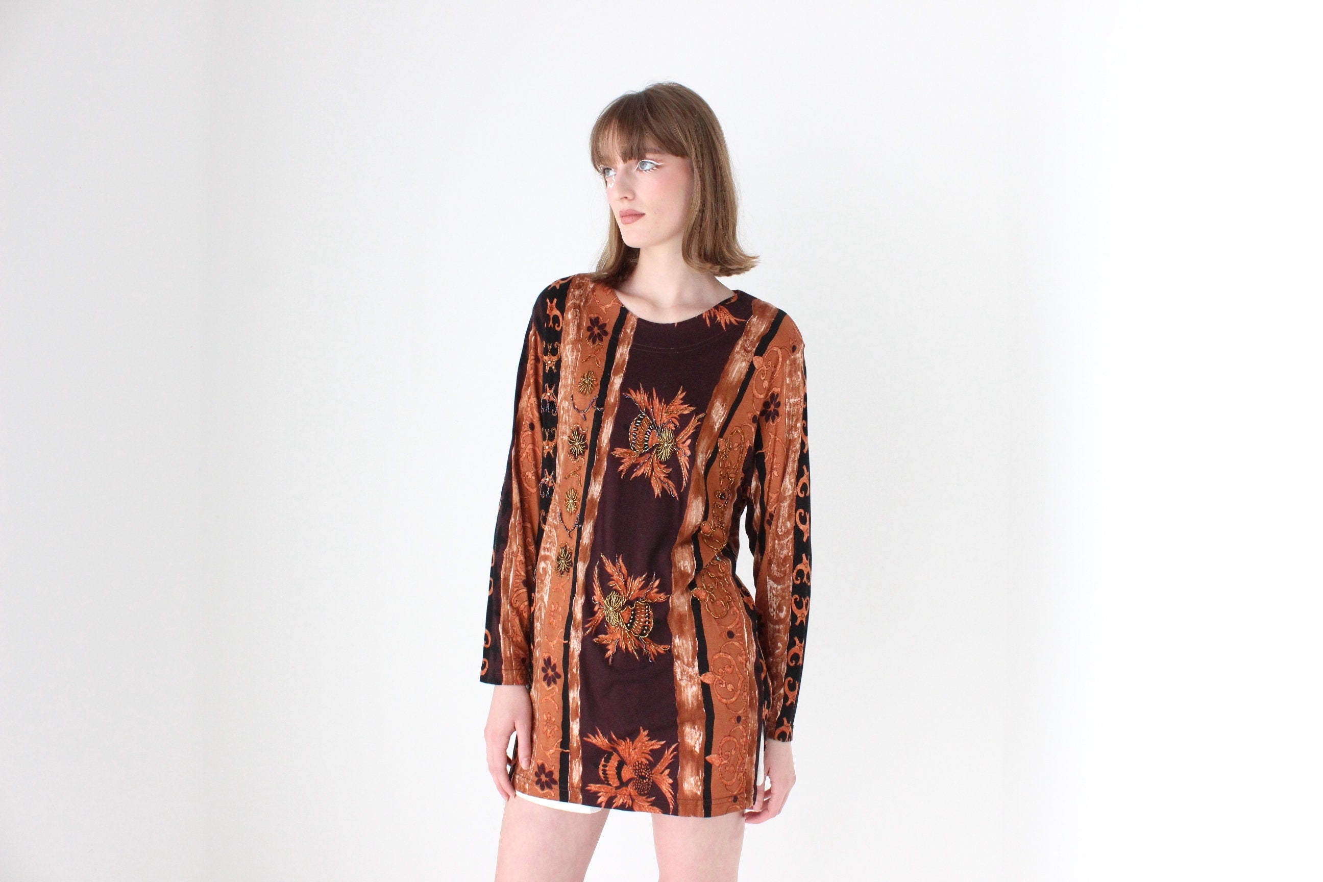 90s Baroque Printed & Beaded Loose Jersey Top or Mini