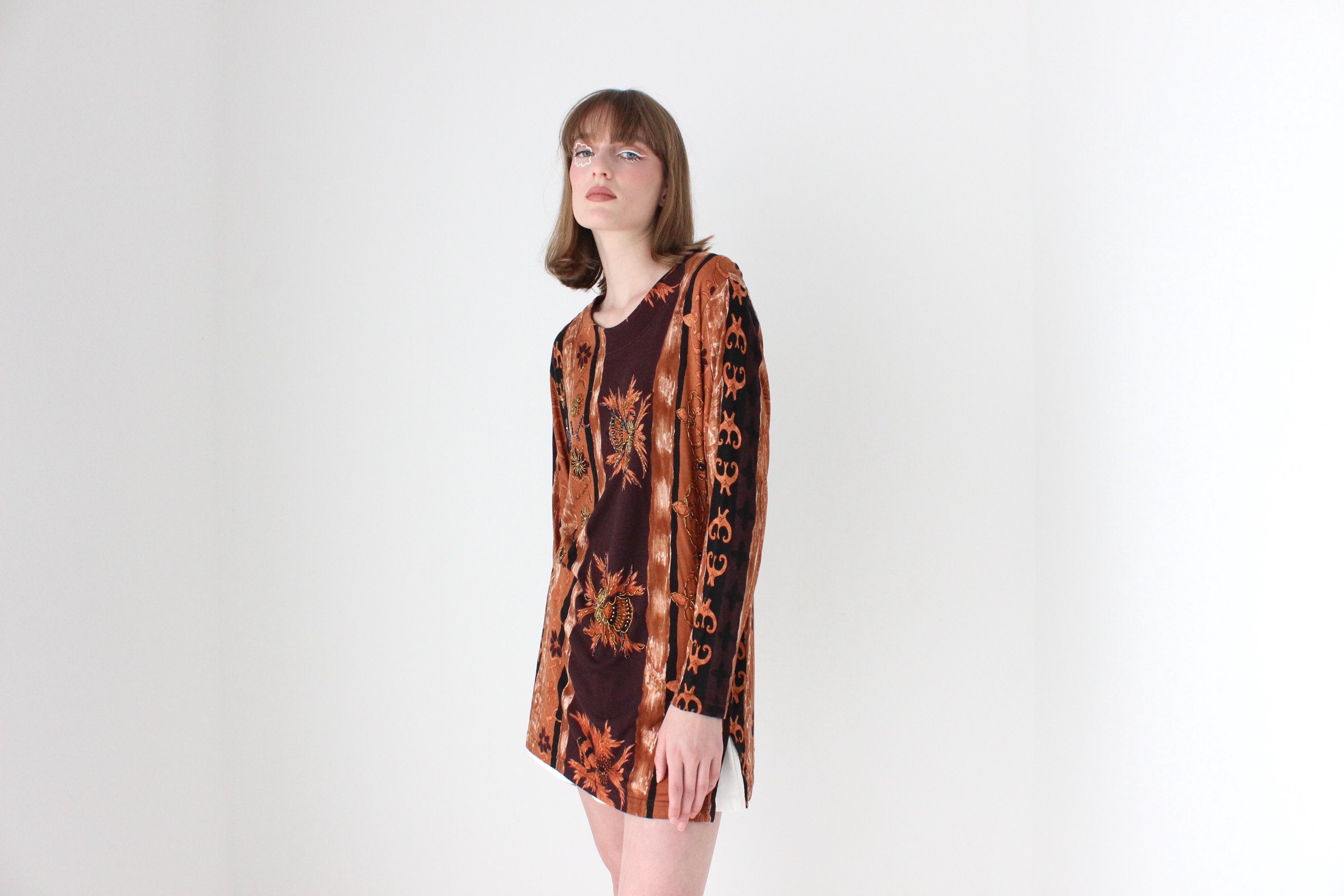 90s Baroque Printed & Beaded Loose Jersey Top or Mini