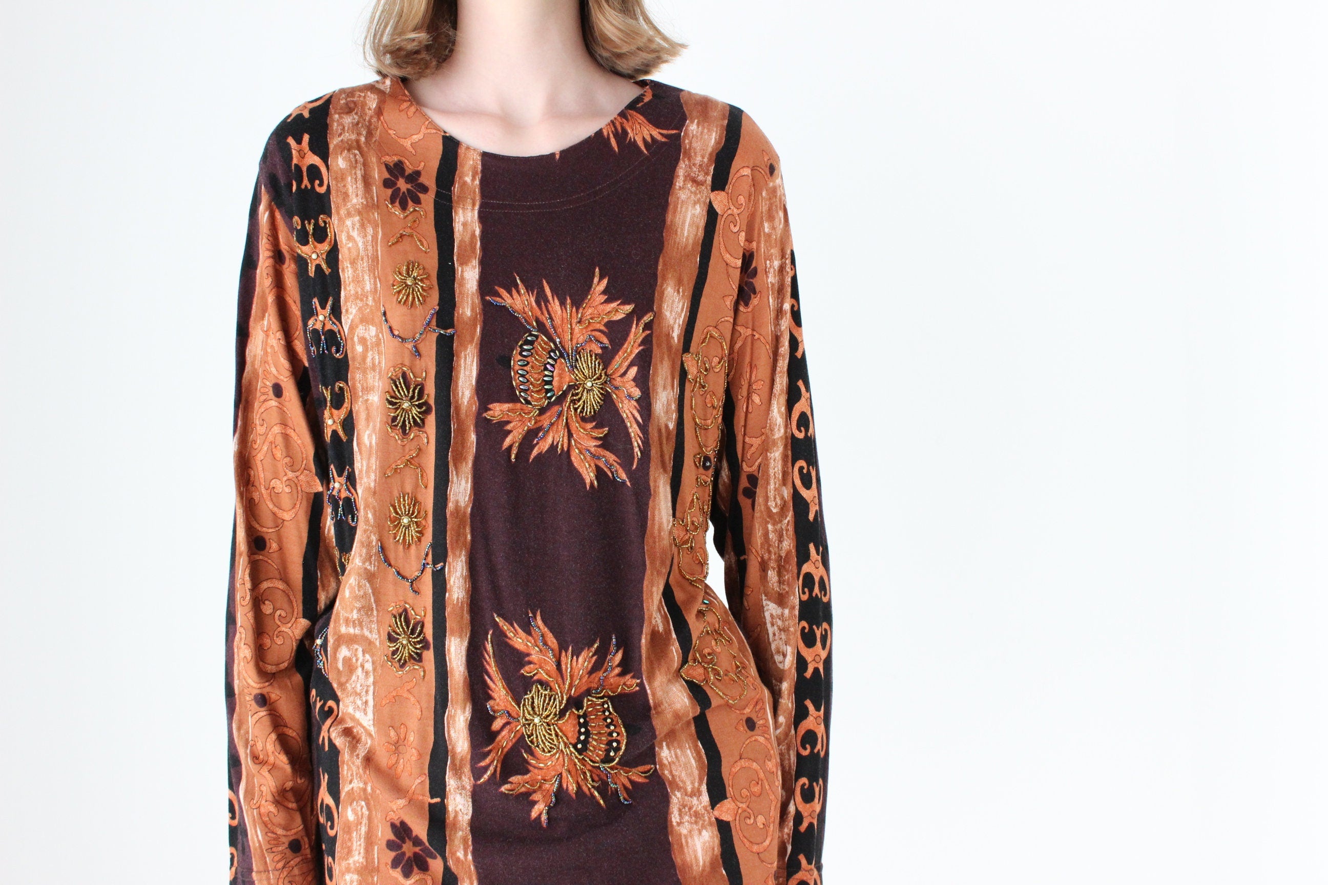 90s Baroque Printed & Beaded Loose Jersey Top or Mini