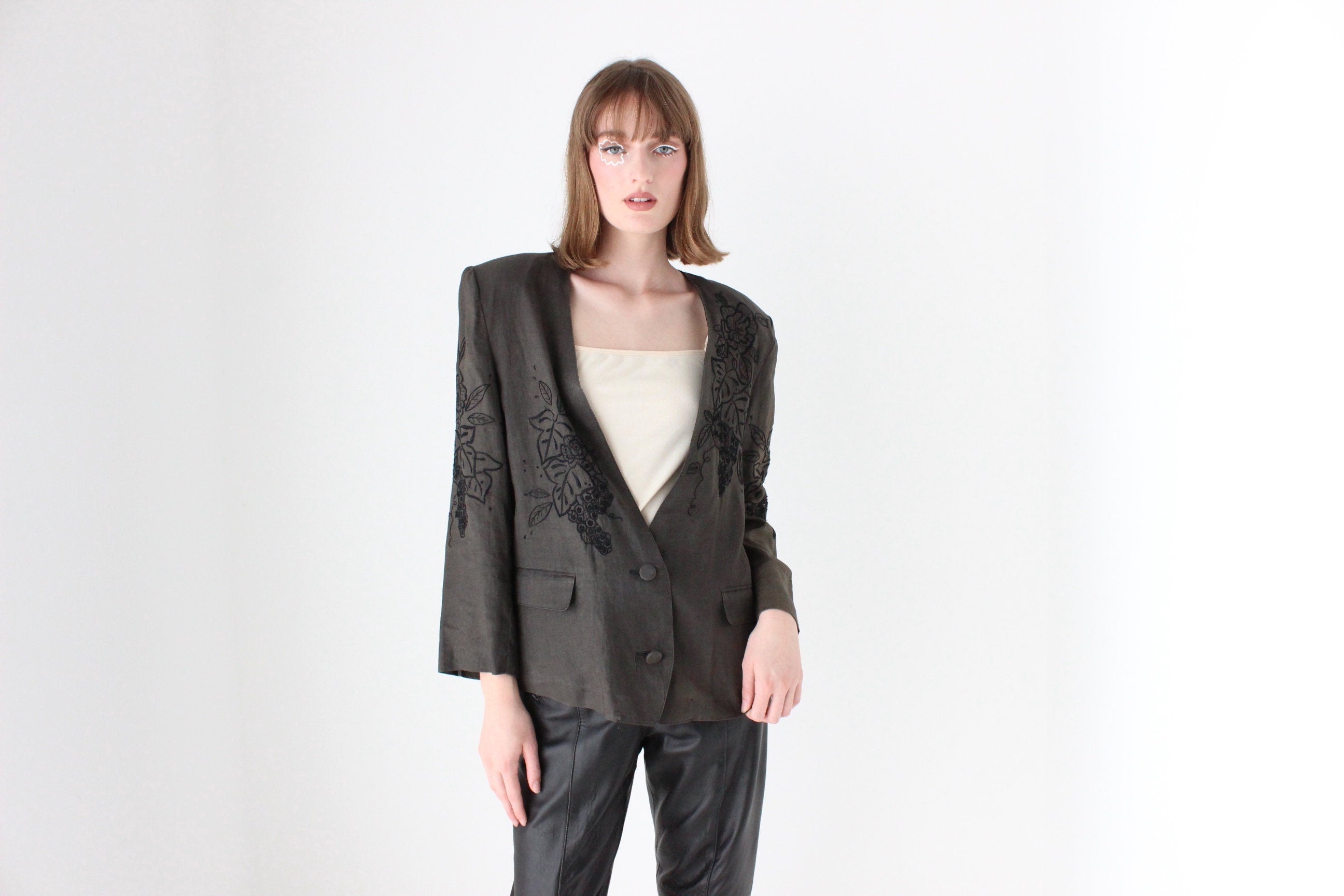 90s Pure Linen Lace Cutwork Blazer Top