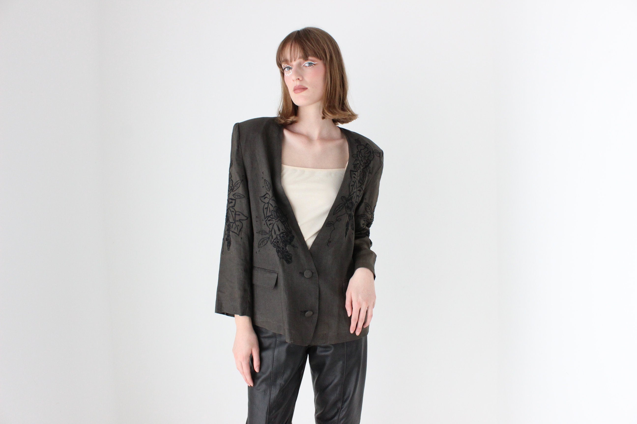 90s Pure Linen Lace Cutwork Blazer Top