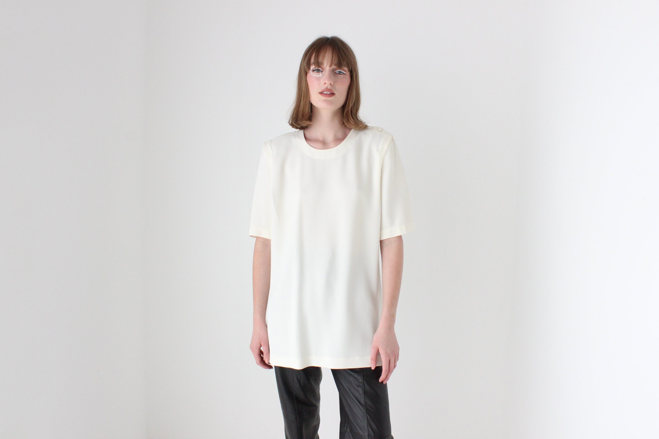 80s Boxy Cream Draped Crepe Relaxed Tee Top