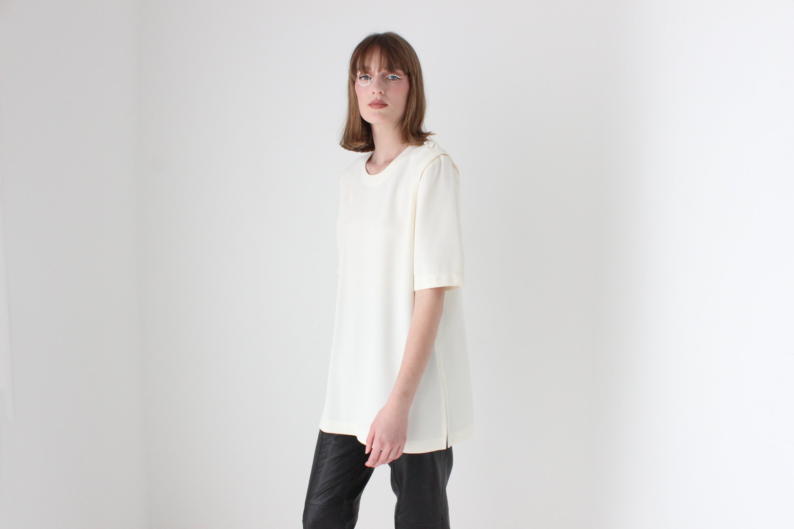 80s Boxy Cream Draped Crepe Relaxed Tee Top