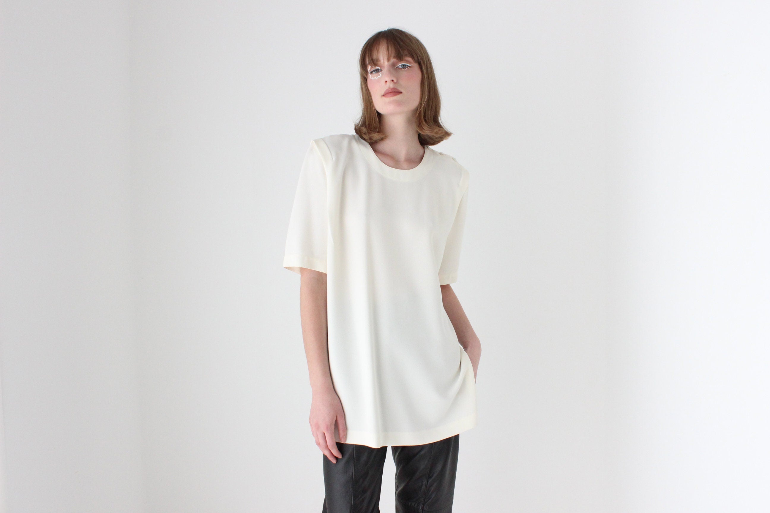 80s Boxy Cream Draped Crepe Relaxed Tee Top