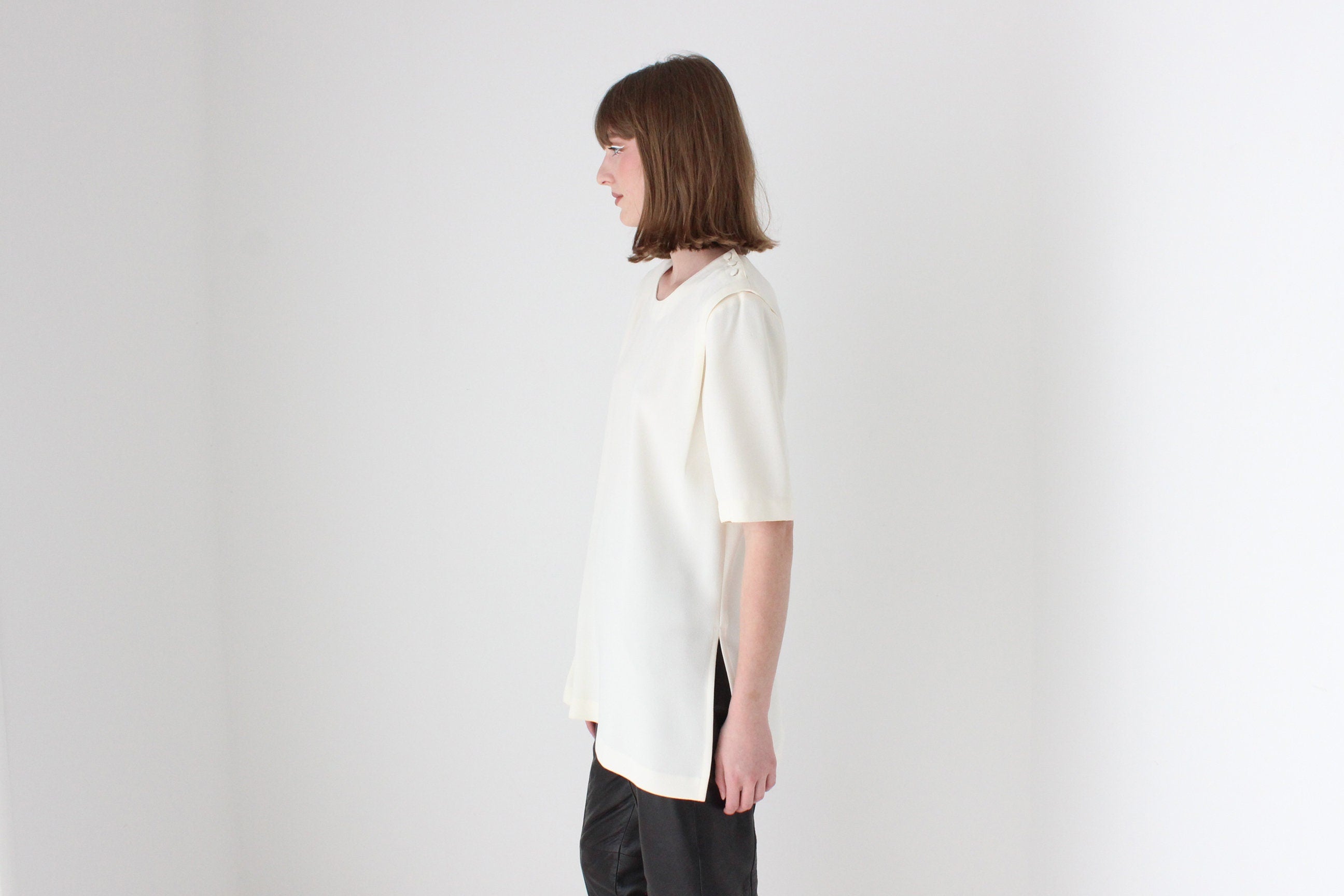 80s Boxy Cream Draped Crepe Relaxed Tee Top