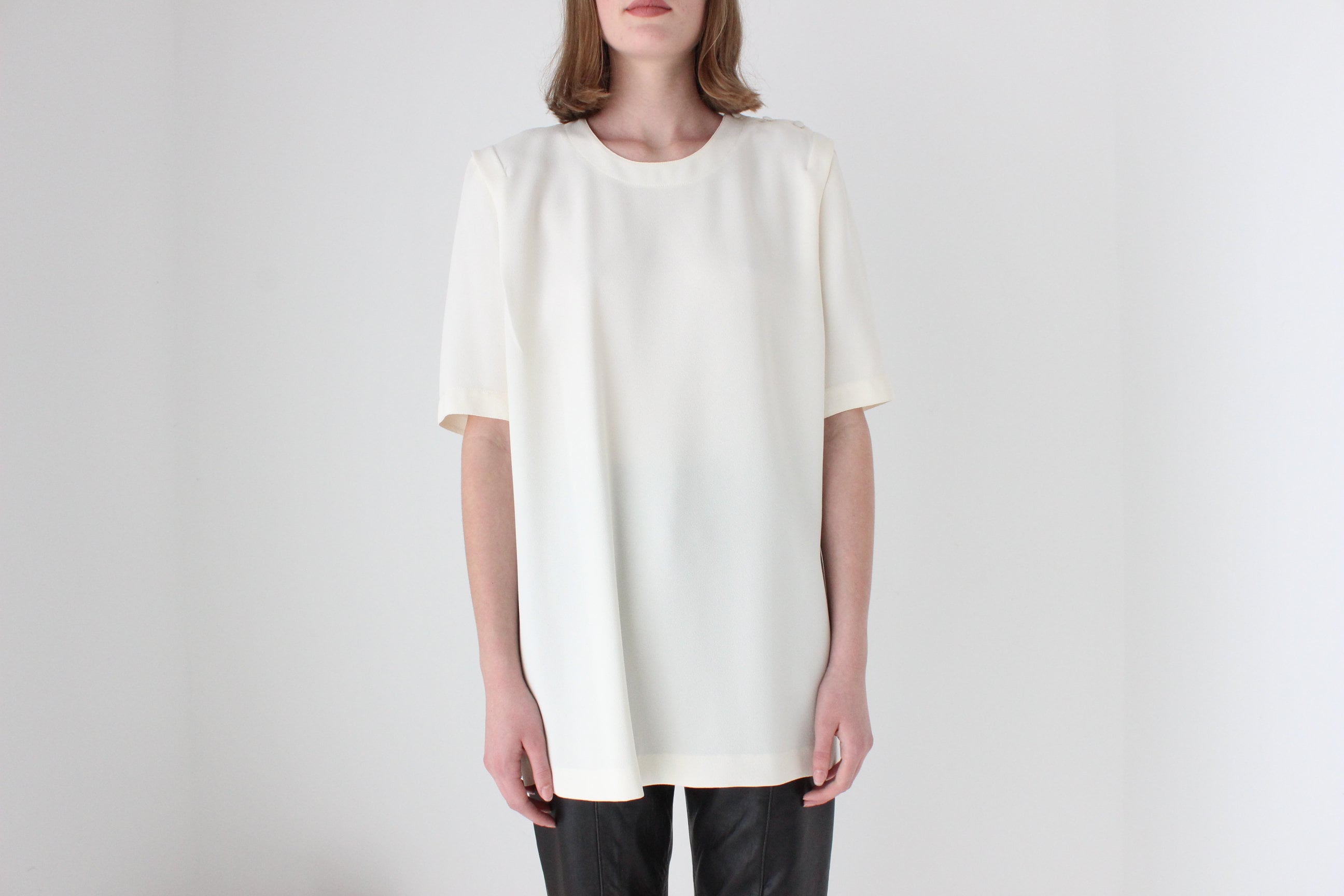 80s Boxy Cream Draped Crepe Relaxed Tee Top