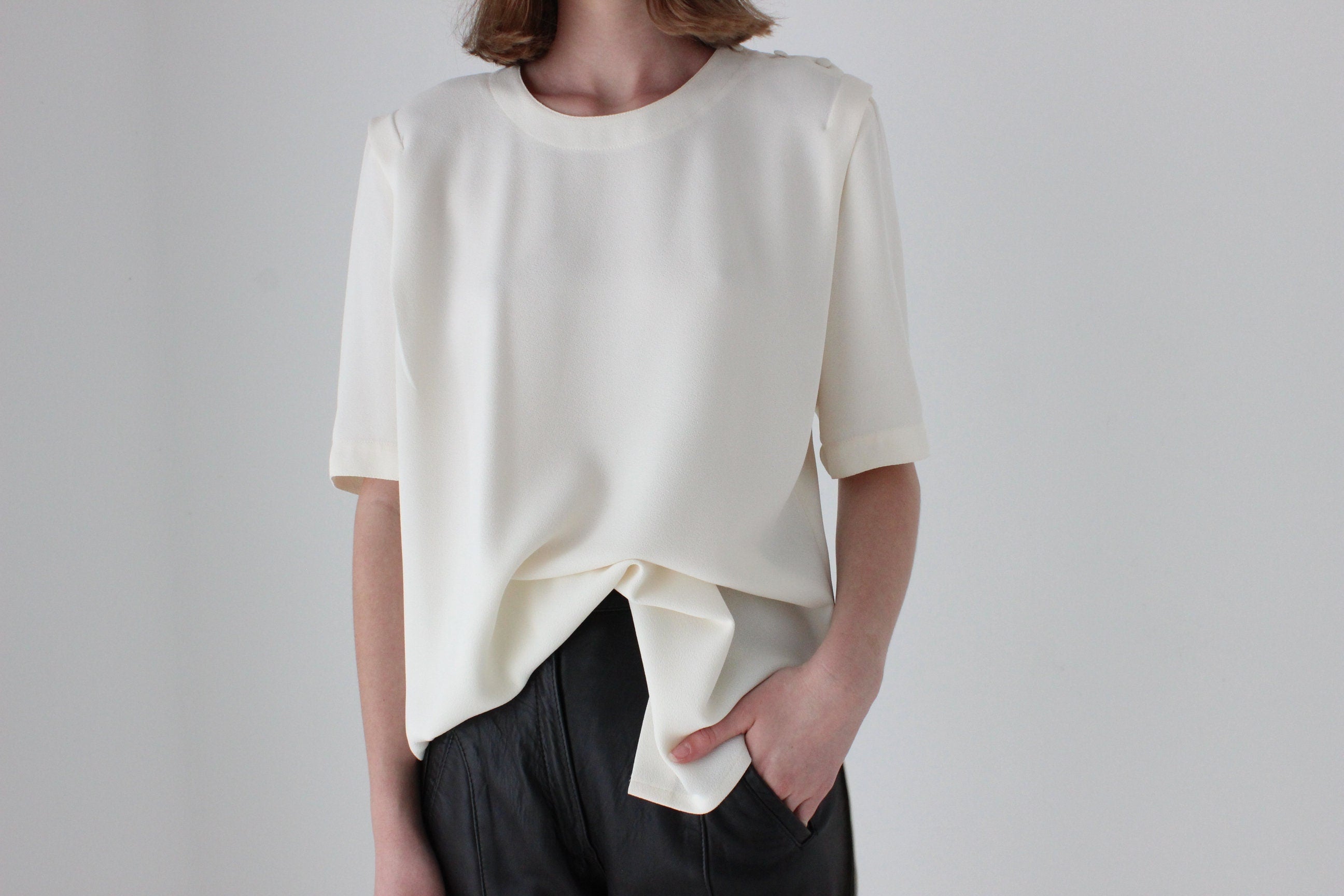 80s Boxy Cream Draped Crepe Relaxed Tee Top