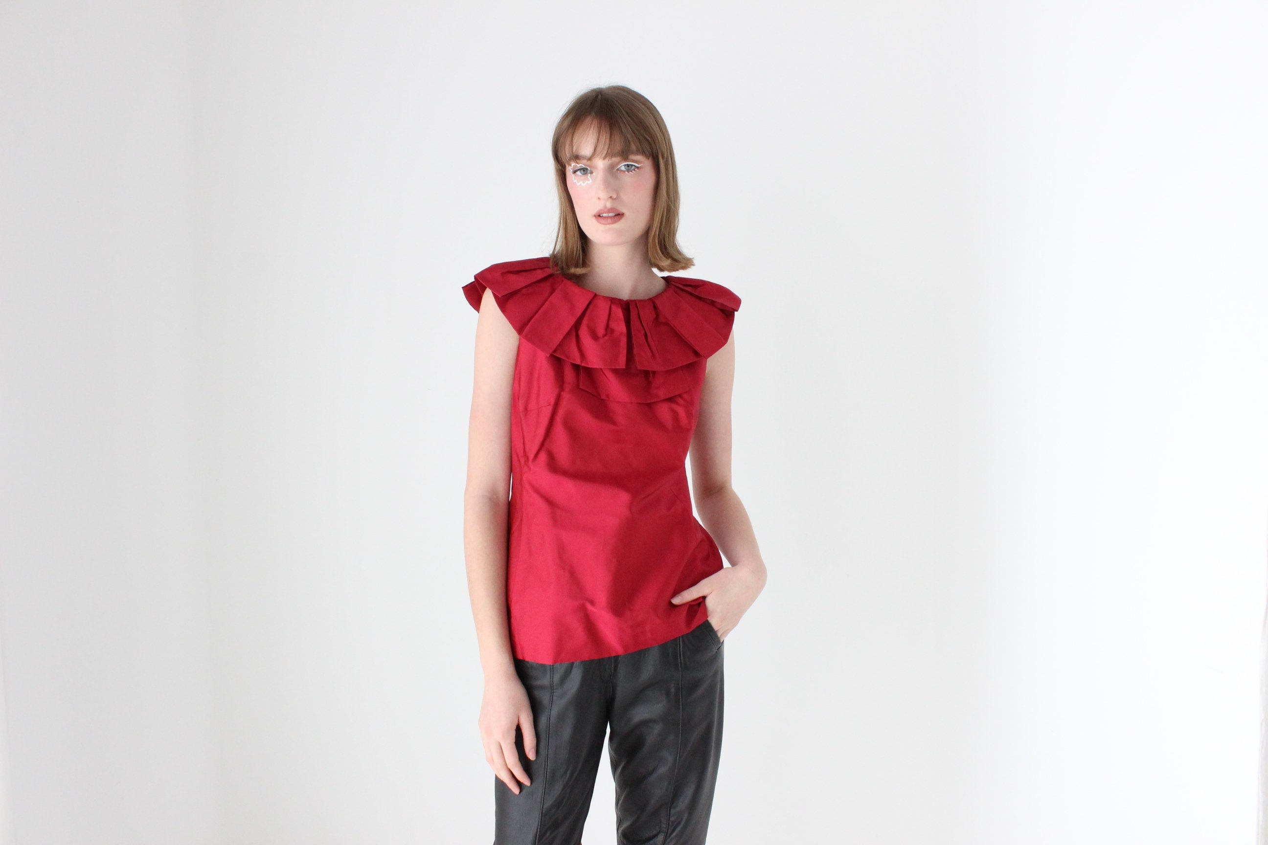 2000s Moschino Vintage Red Silk Taffeta Harlequin Collar Top