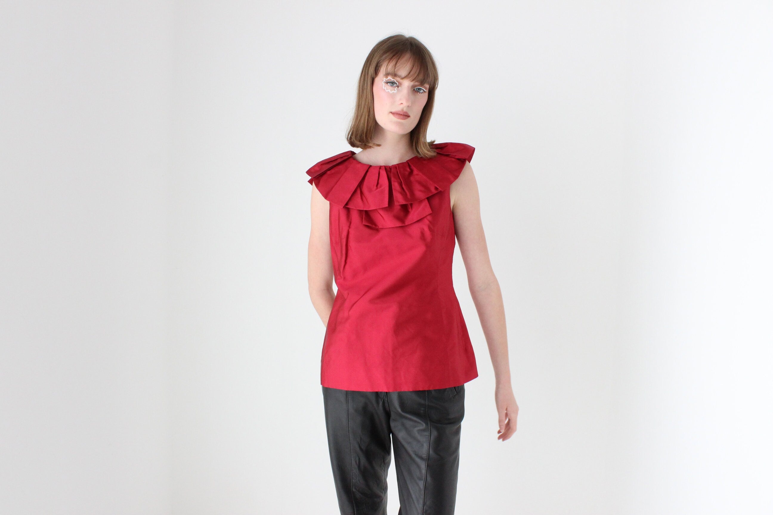 2000s Moschino Vintage Red Silk Taffeta Harlequin Collar Top