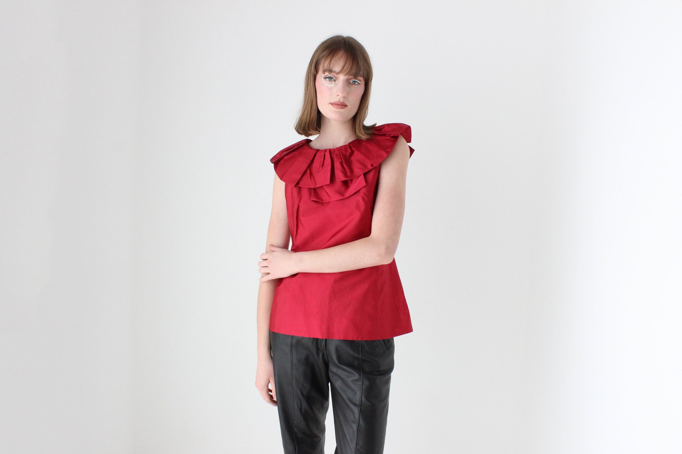 2000s Moschino Vintage Red Silk Taffeta Harlequin Collar Top