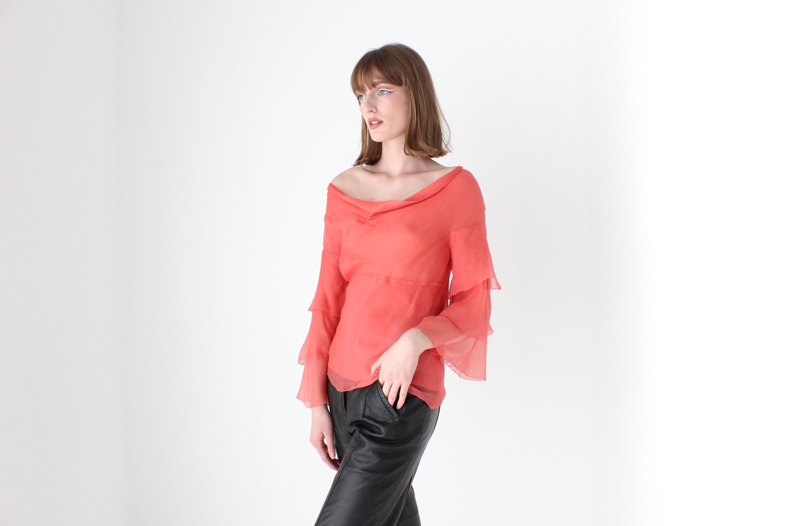 Y2K Designer CATHERINE MALANDRINO Watermelon Silk Tiered Ruffle Sleeve Top