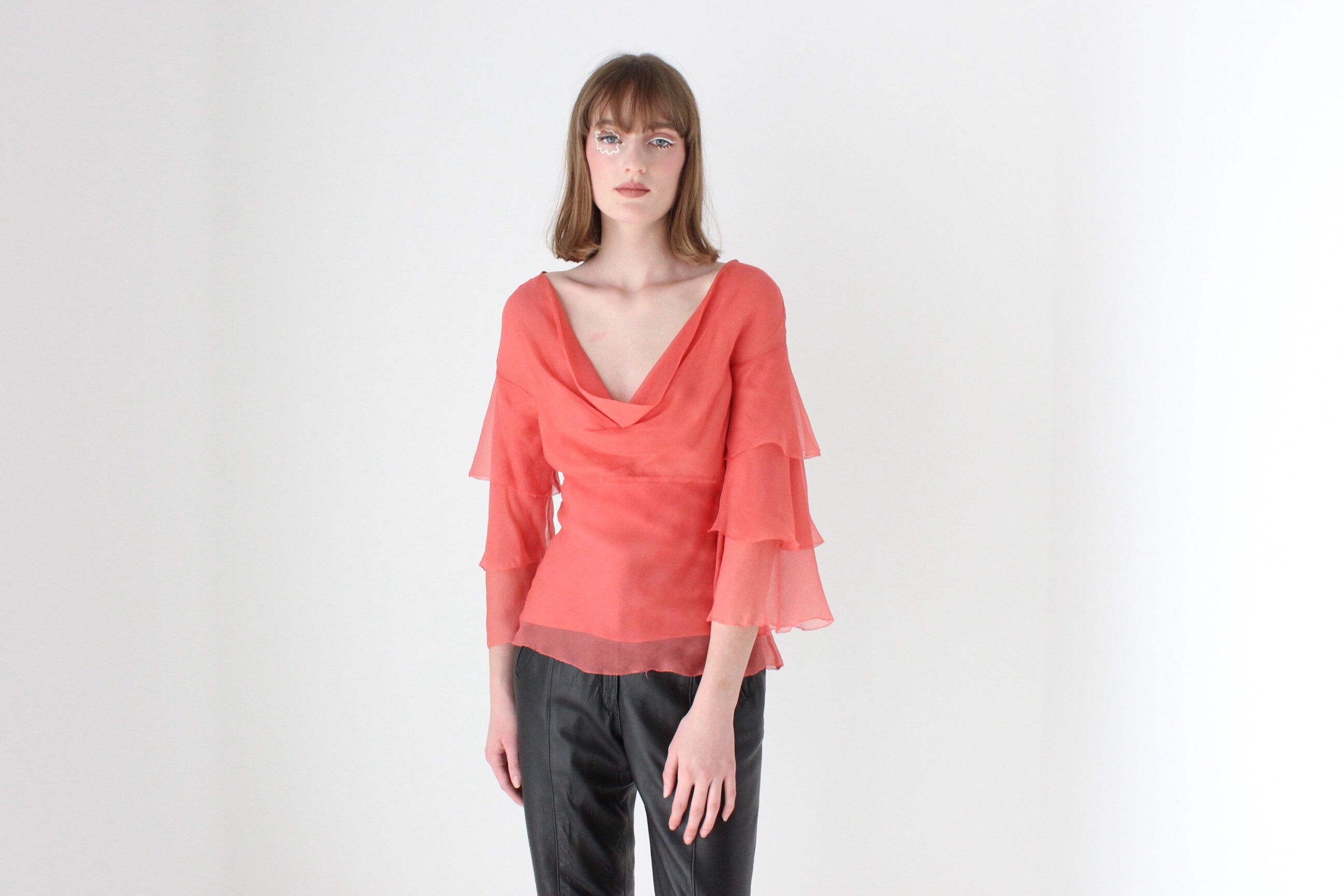 Y2K Designer CATHERINE MALANDRINO Watermelon Silk Tiered Ruffle Sleeve Top