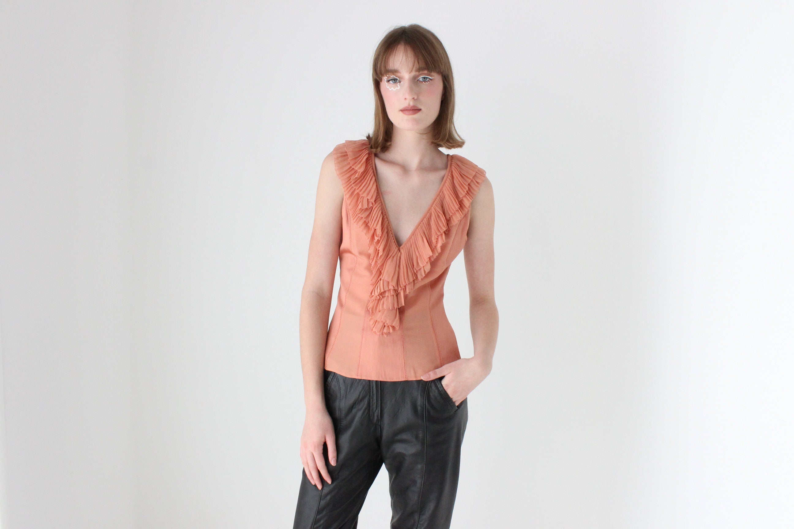 Y2K Designer CATHERINE MALANDRINO Pleated Silk Ruffle Bustier Top