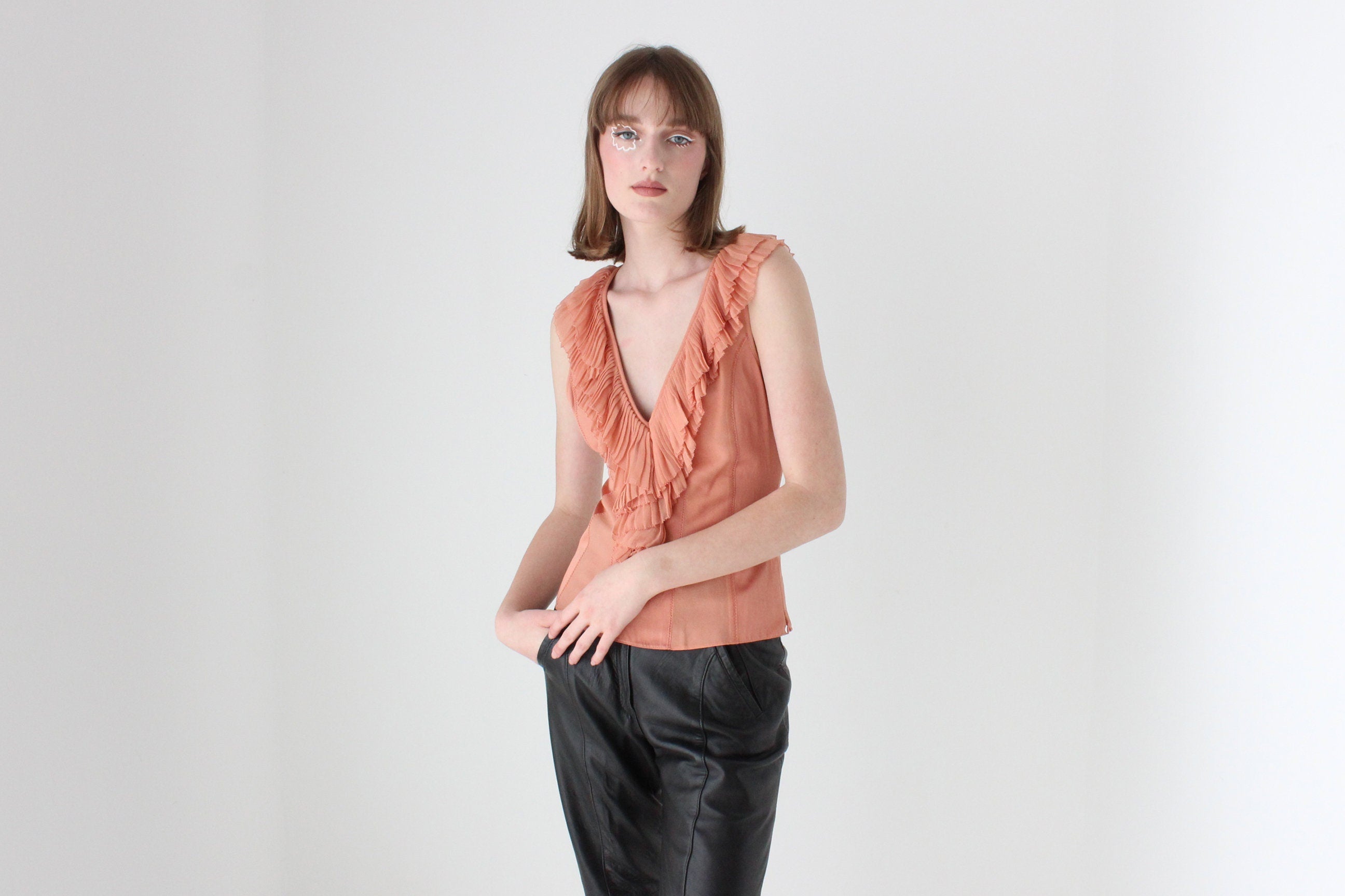 Y2K Designer CATHERINE MALANDRINO Pleated Silk Ruffle Bustier Top