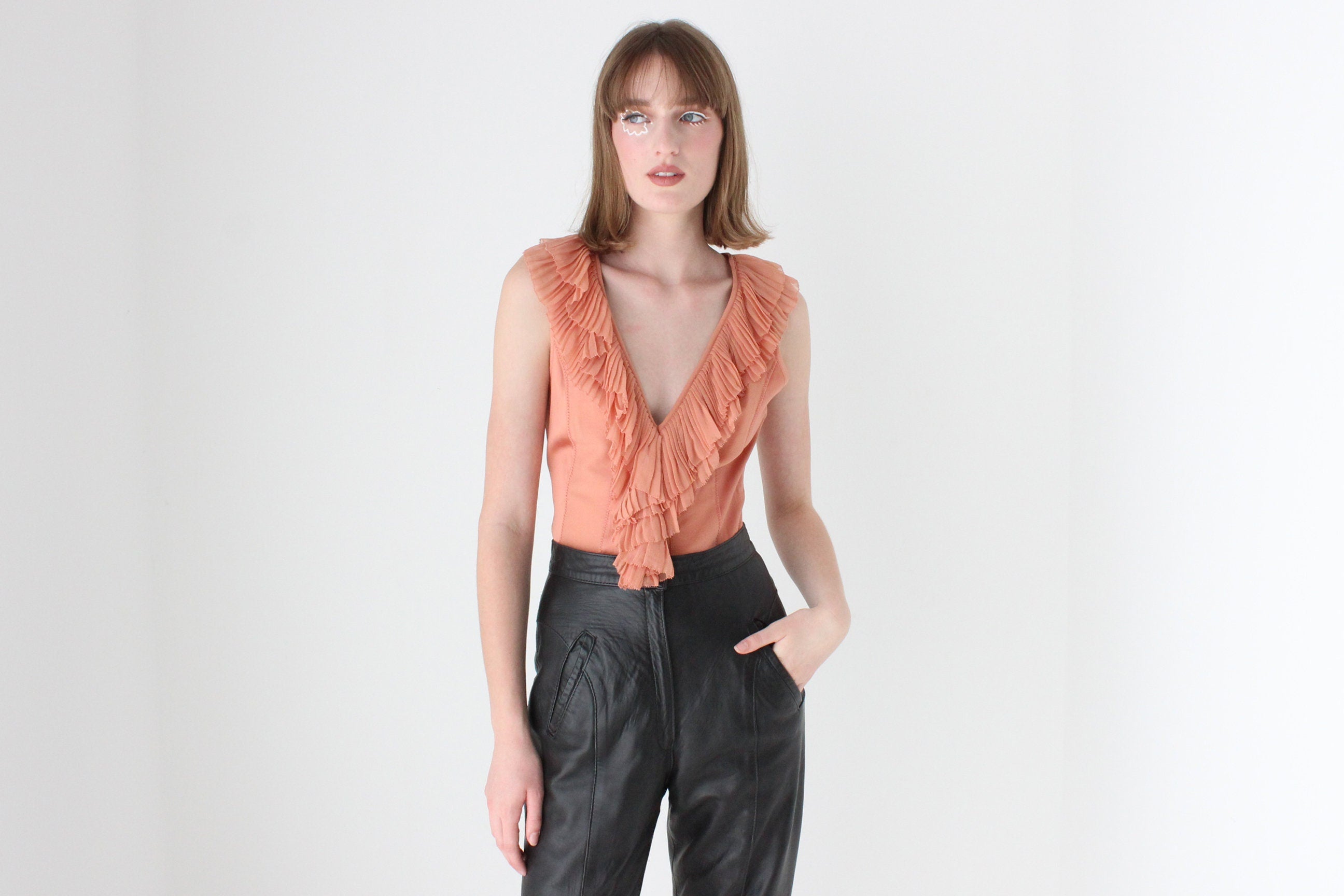 Y2K Designer CATHERINE MALANDRINO Pleated Silk Ruffle Bustier Top