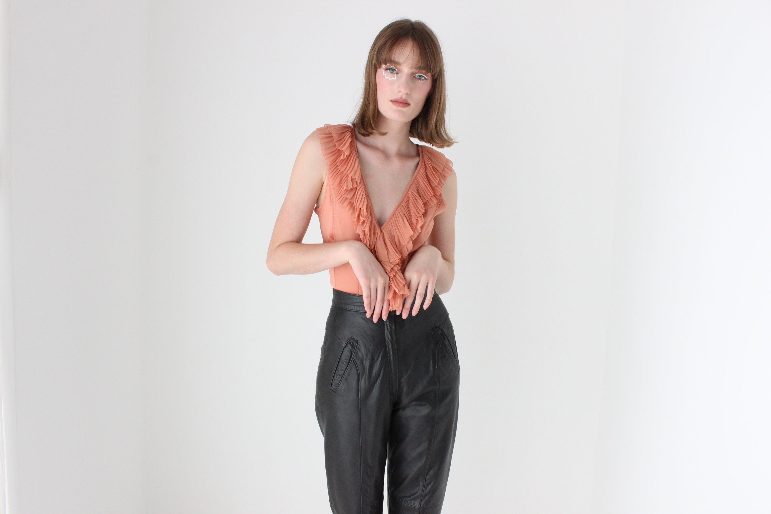 Y2K Designer CATHERINE MALANDRINO Pleated Silk Ruffle Bustier Top