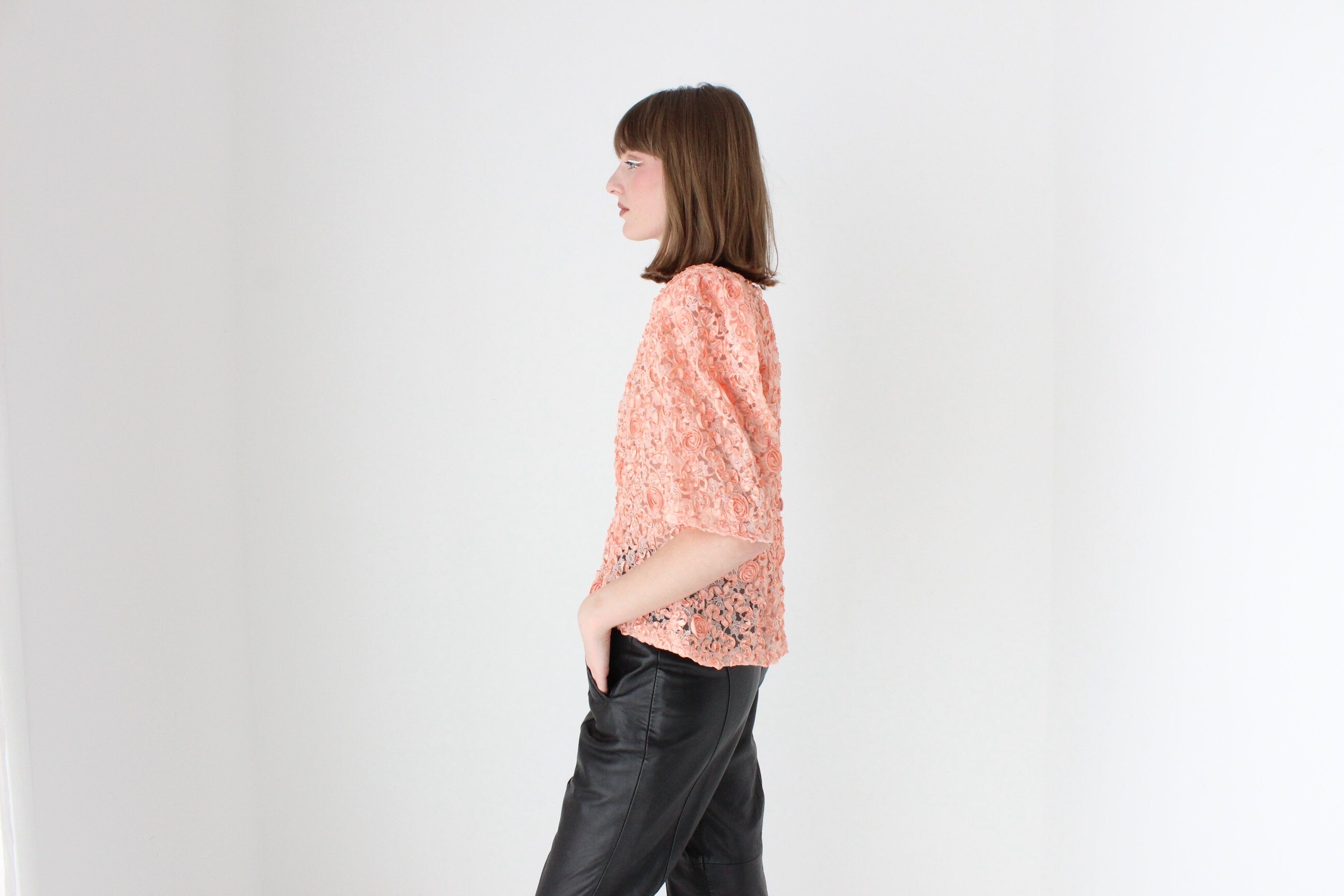 Extravagant 80s Puff Sleeve Textured Peach Top