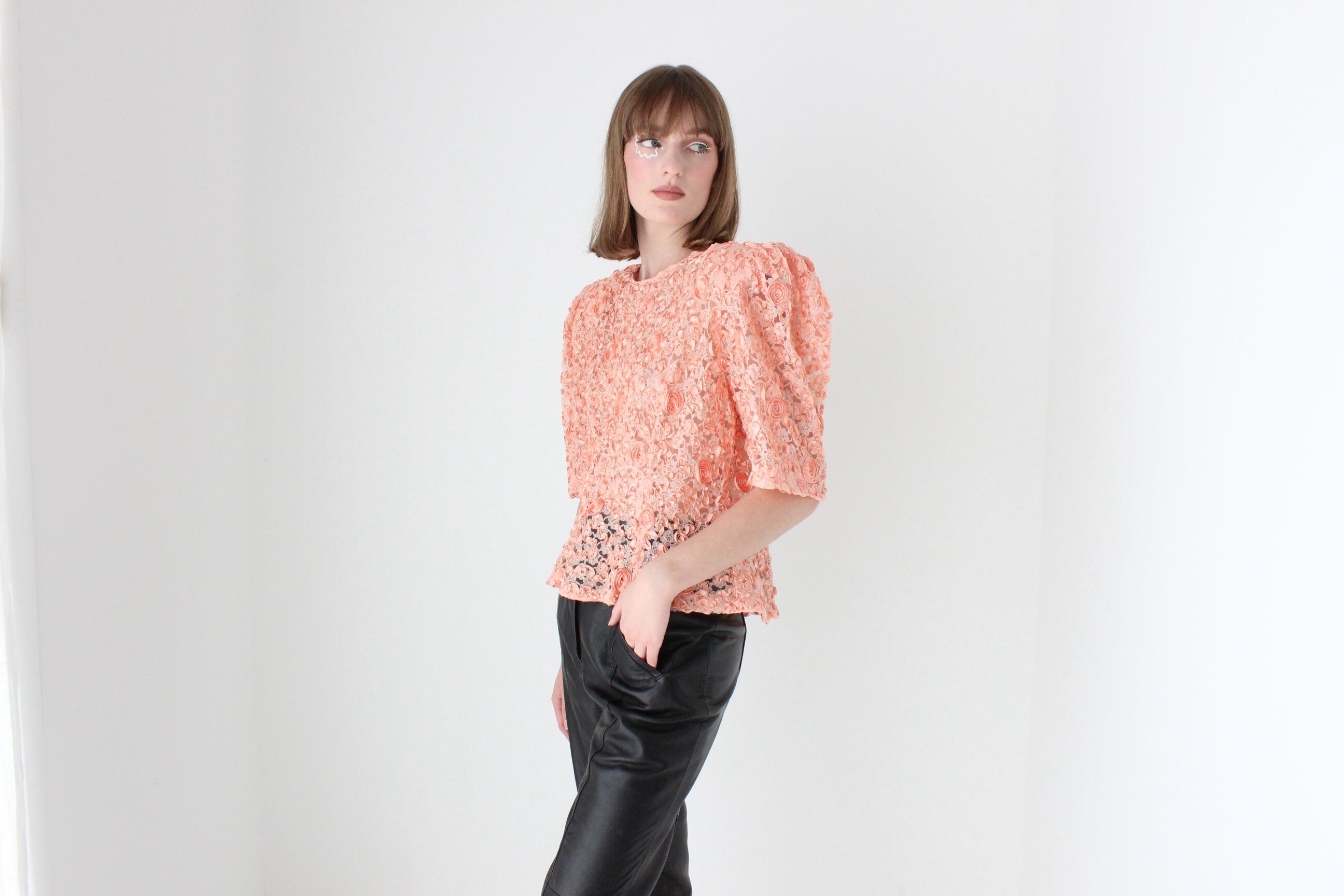 Extravagant 80s Puff Sleeve Textured Peach Top