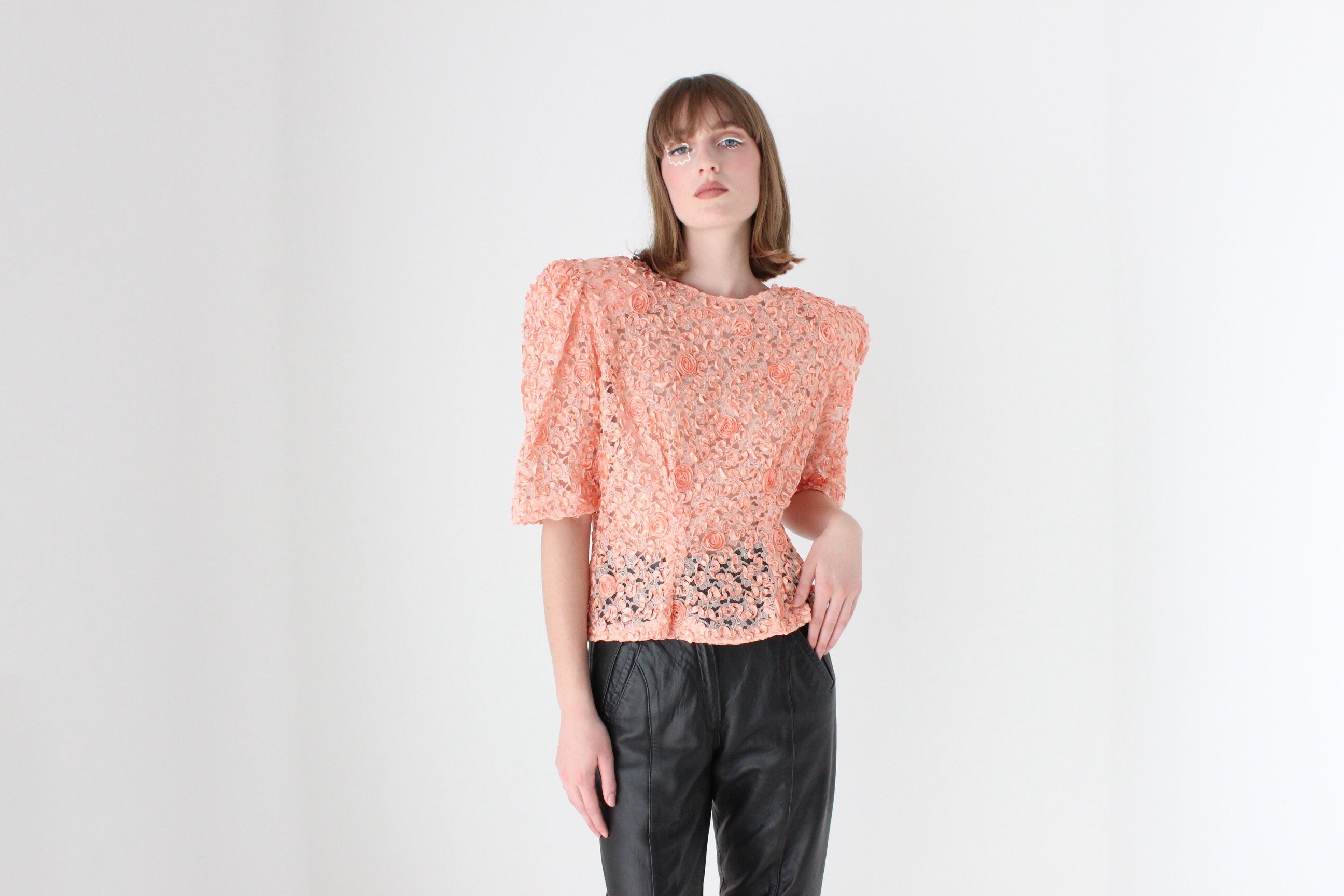 Extravagant 80s Puff Sleeve Textured Peach Top