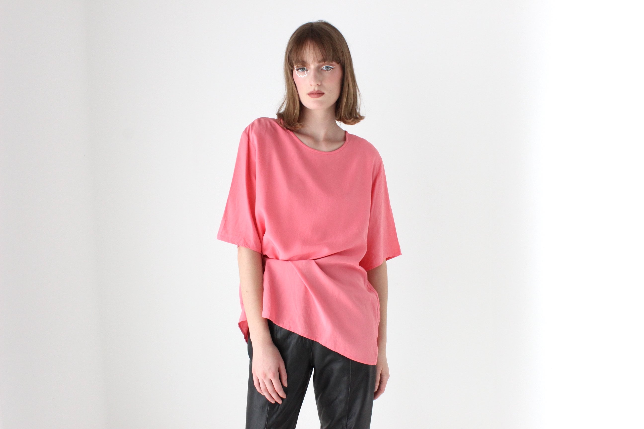 80s Bubblegum Pink Pure Silk Relaxed, Minimal Tee Top